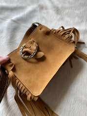 Tan Suede Horseshoe buckle belted Mini tote - LovLeathers