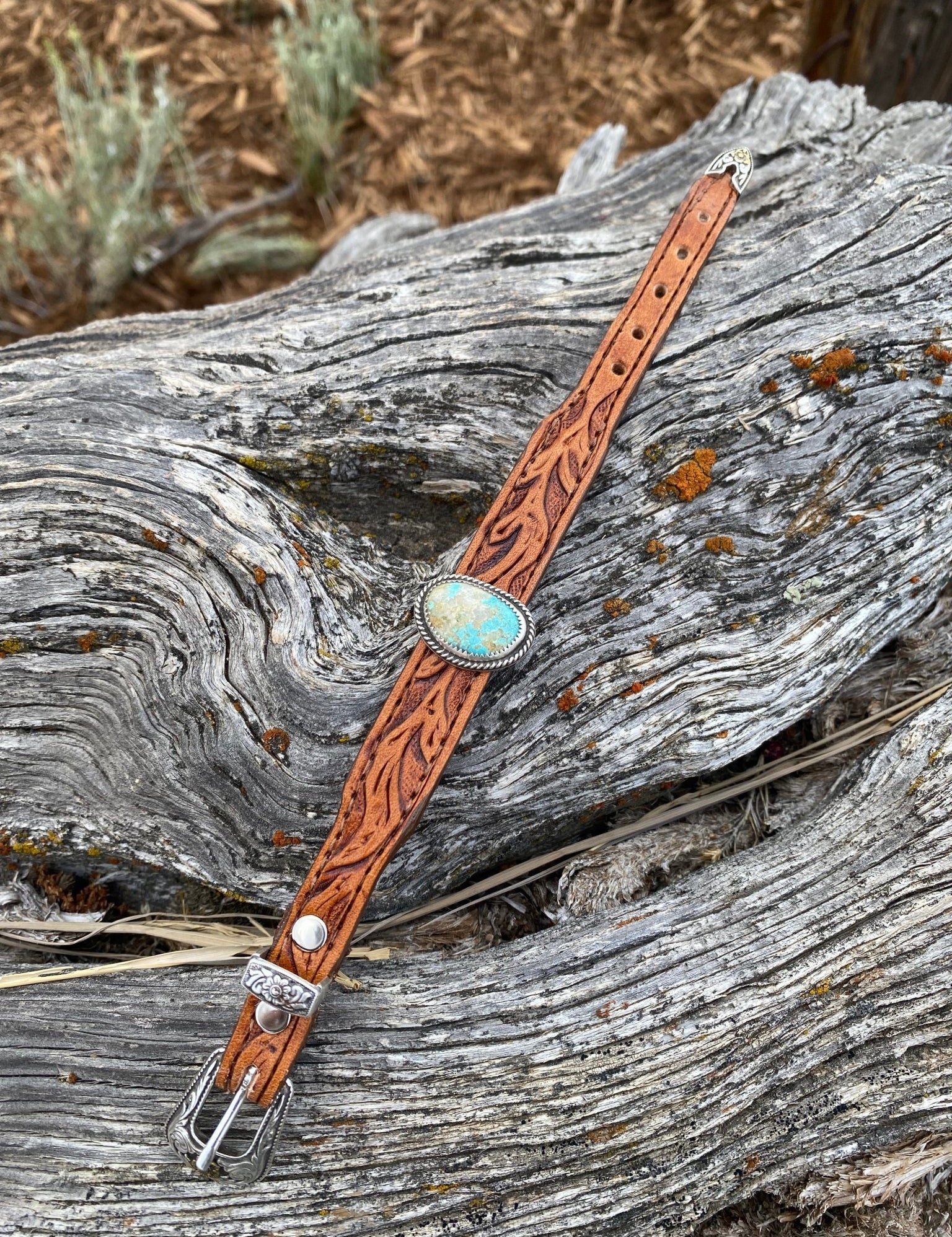 Tooled Leather and Turquoise Bracelet - LovLeathers