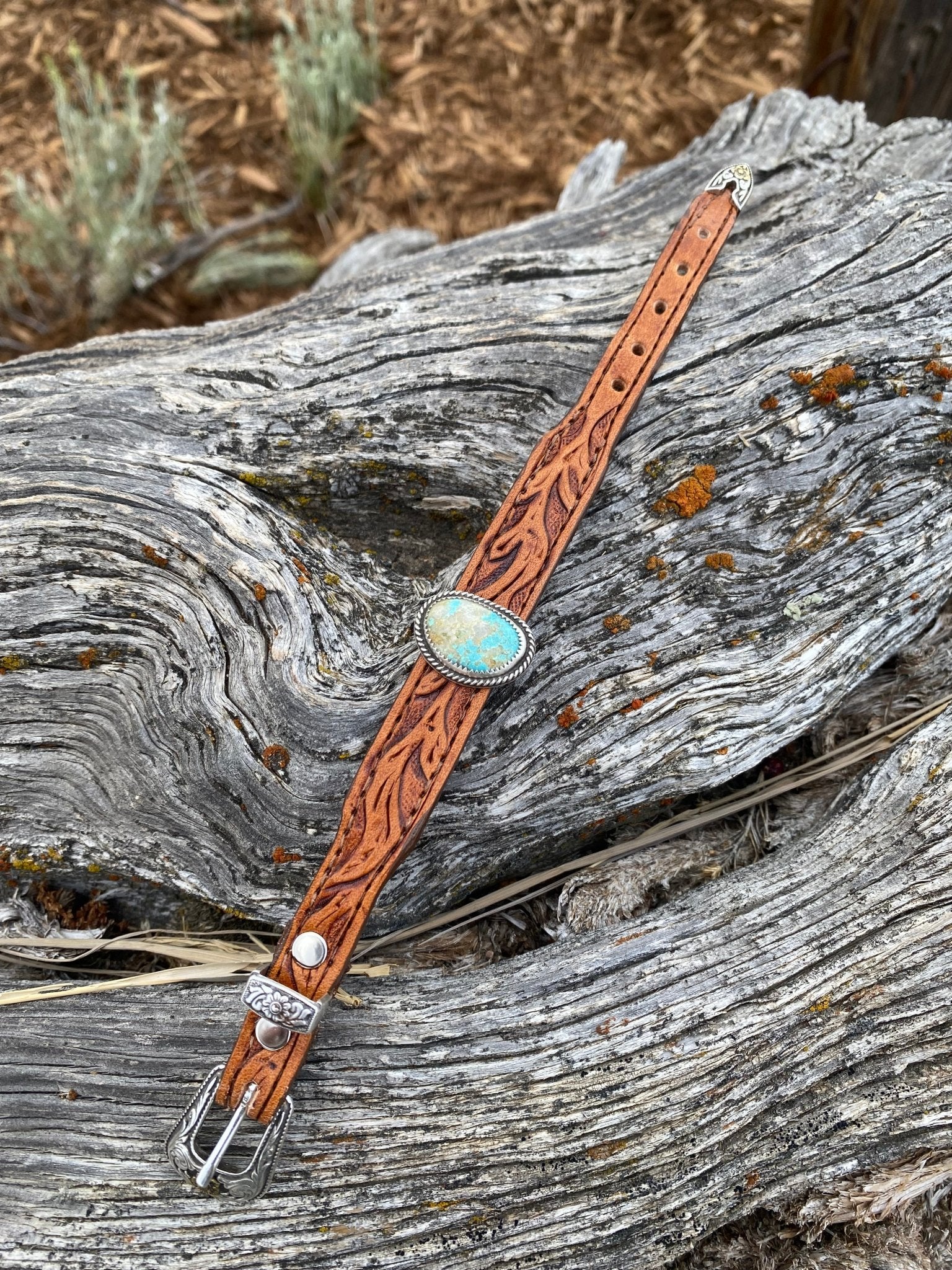 Tooled Leather and Turquoise Bracelet - LovLeathers