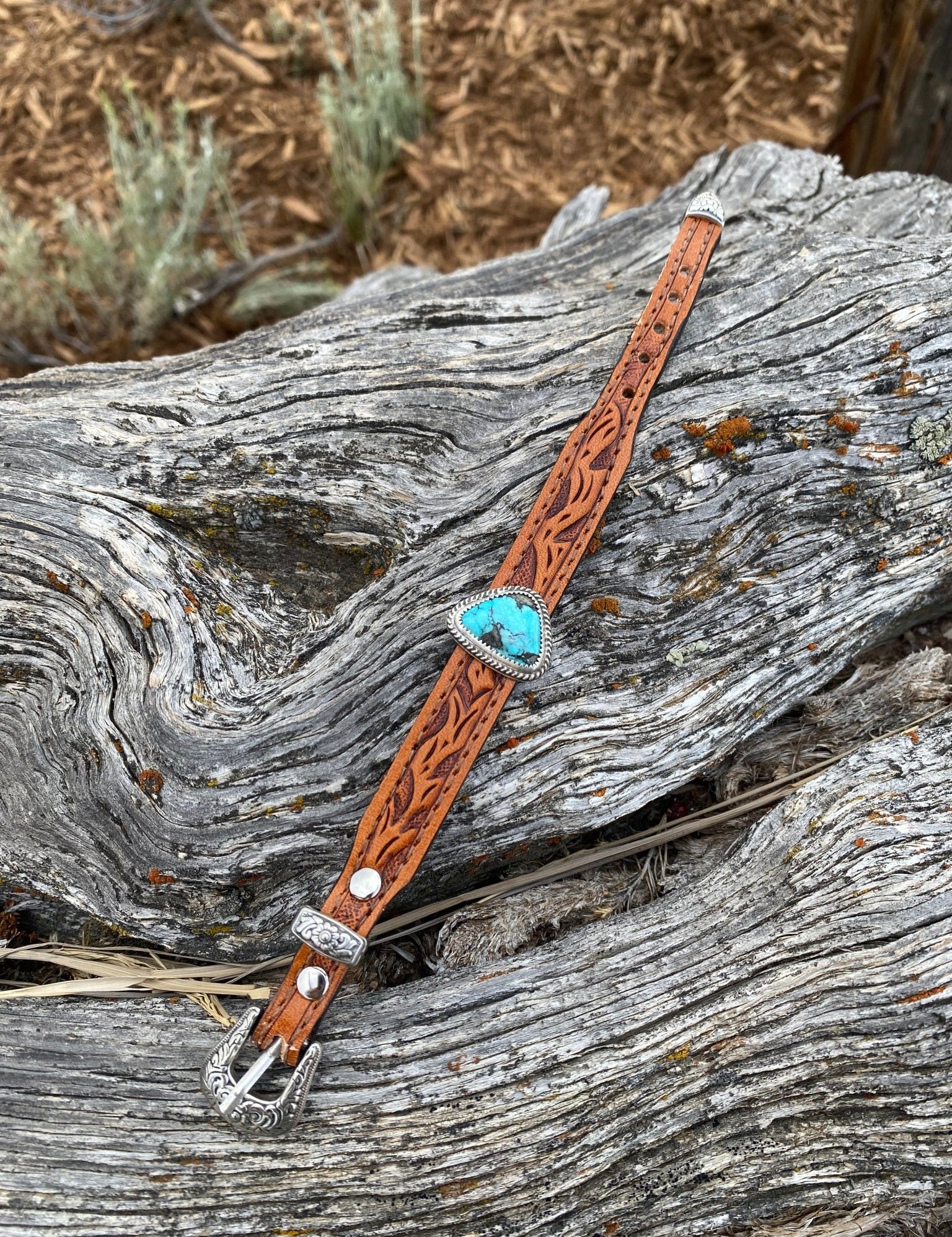 Tooled Leather and Turquoise Bracelet - LovLeathers