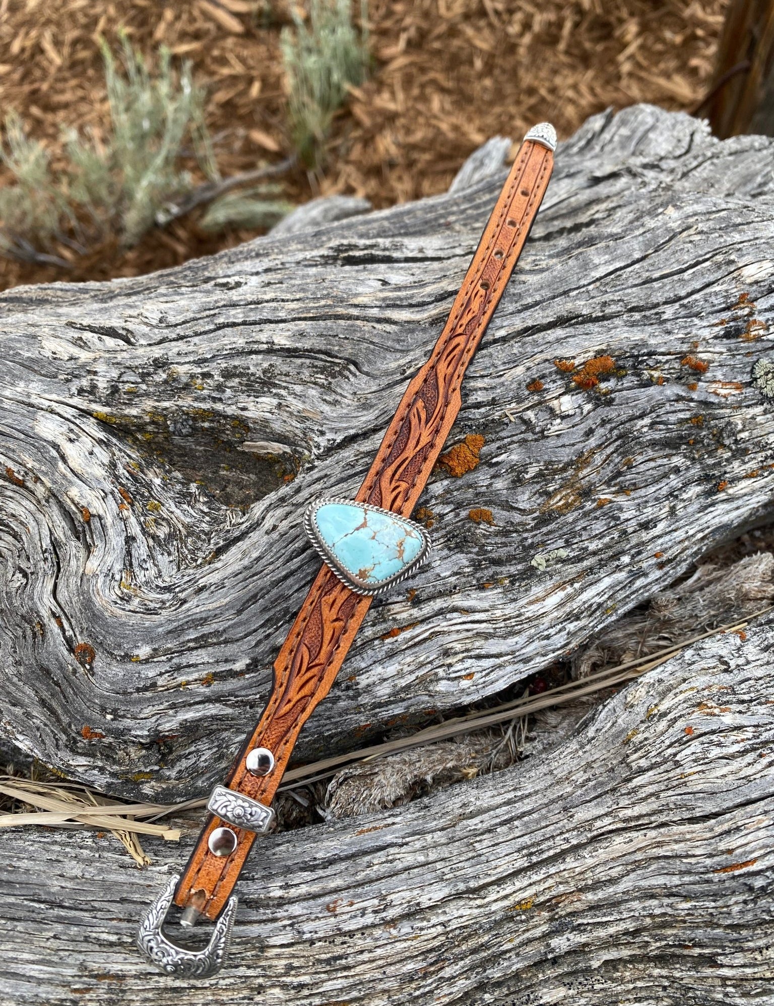 Tooled Leather and Turquoise Bracelet - LovLeathers