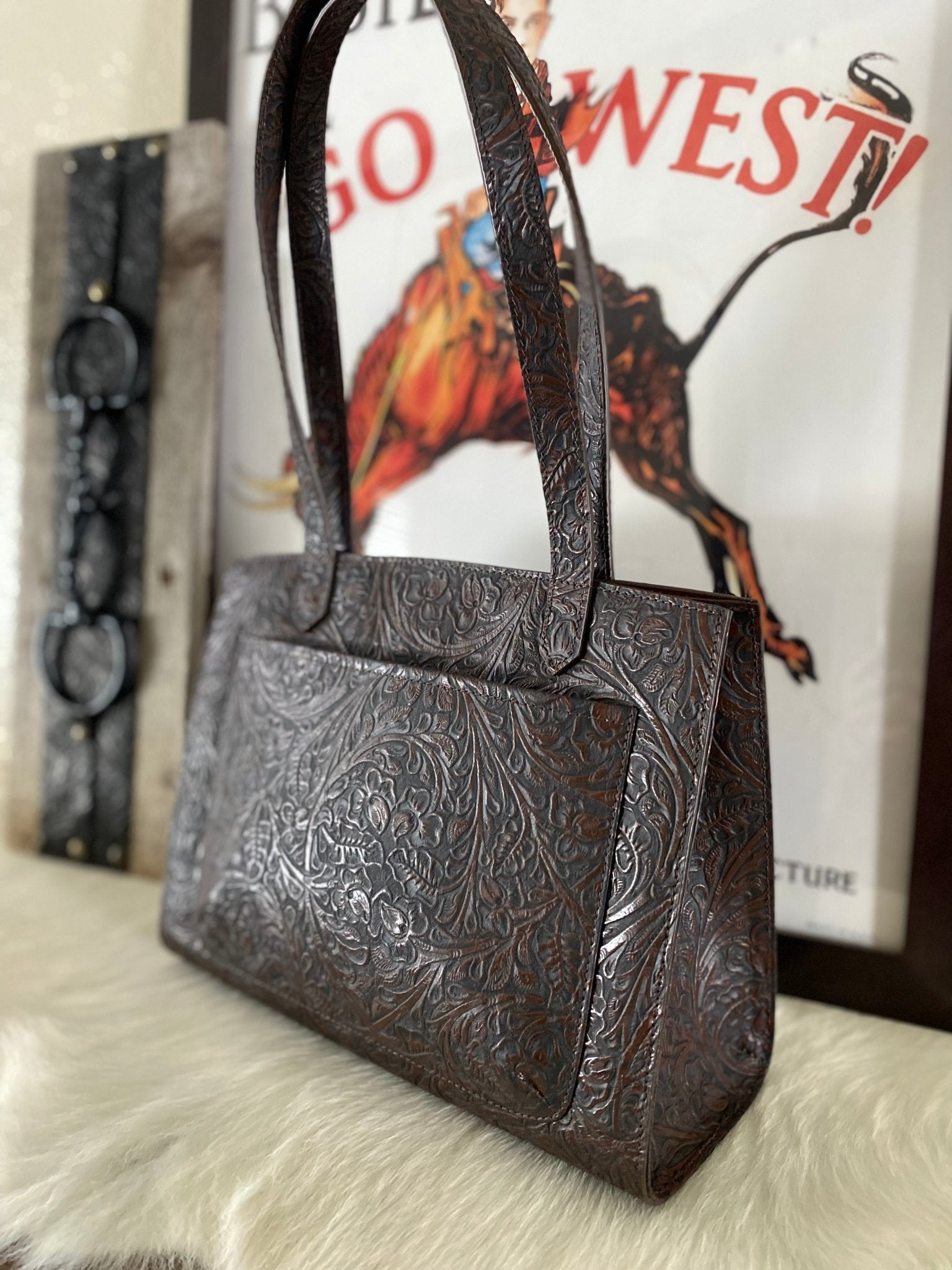 Brown Western Tool Embossed Tote Bag - LovLeathers