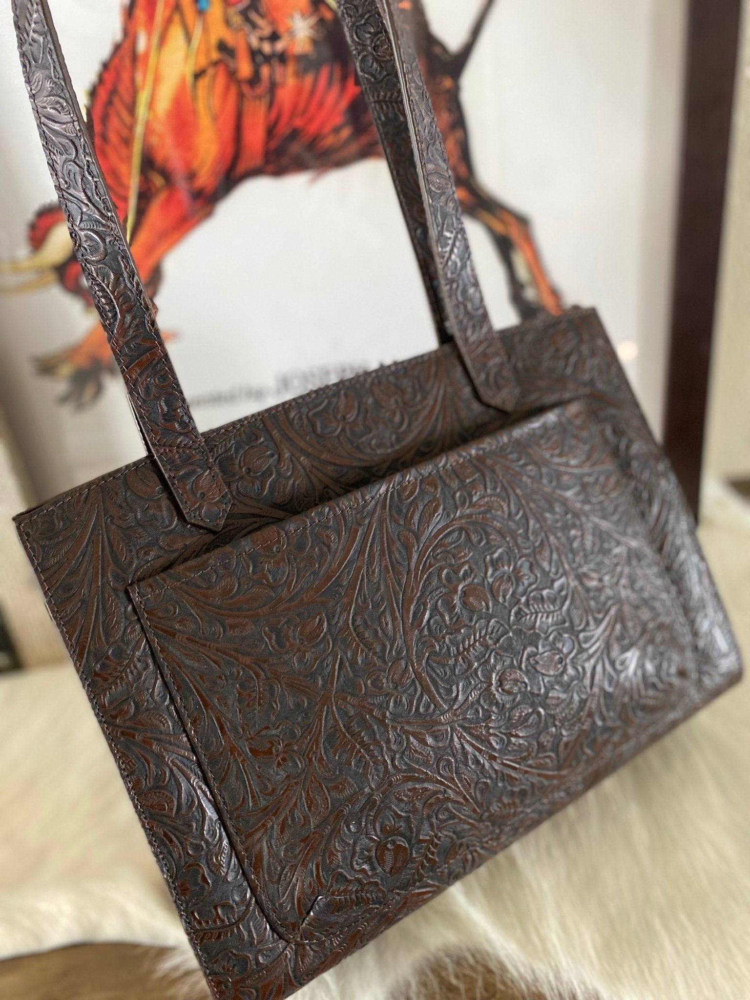 Brown Western Tool Embossed Tote Bag - LovLeathers