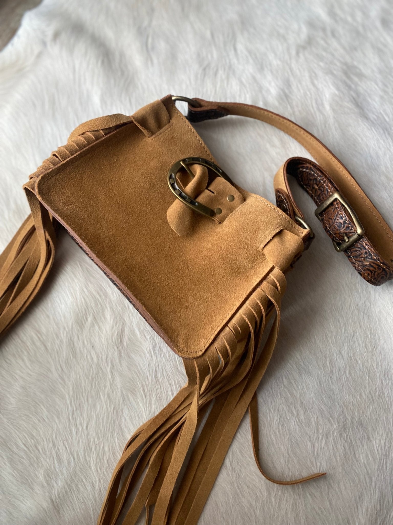 Tan Suede Horseshoe buckle belted Mini tote - LovLeathers