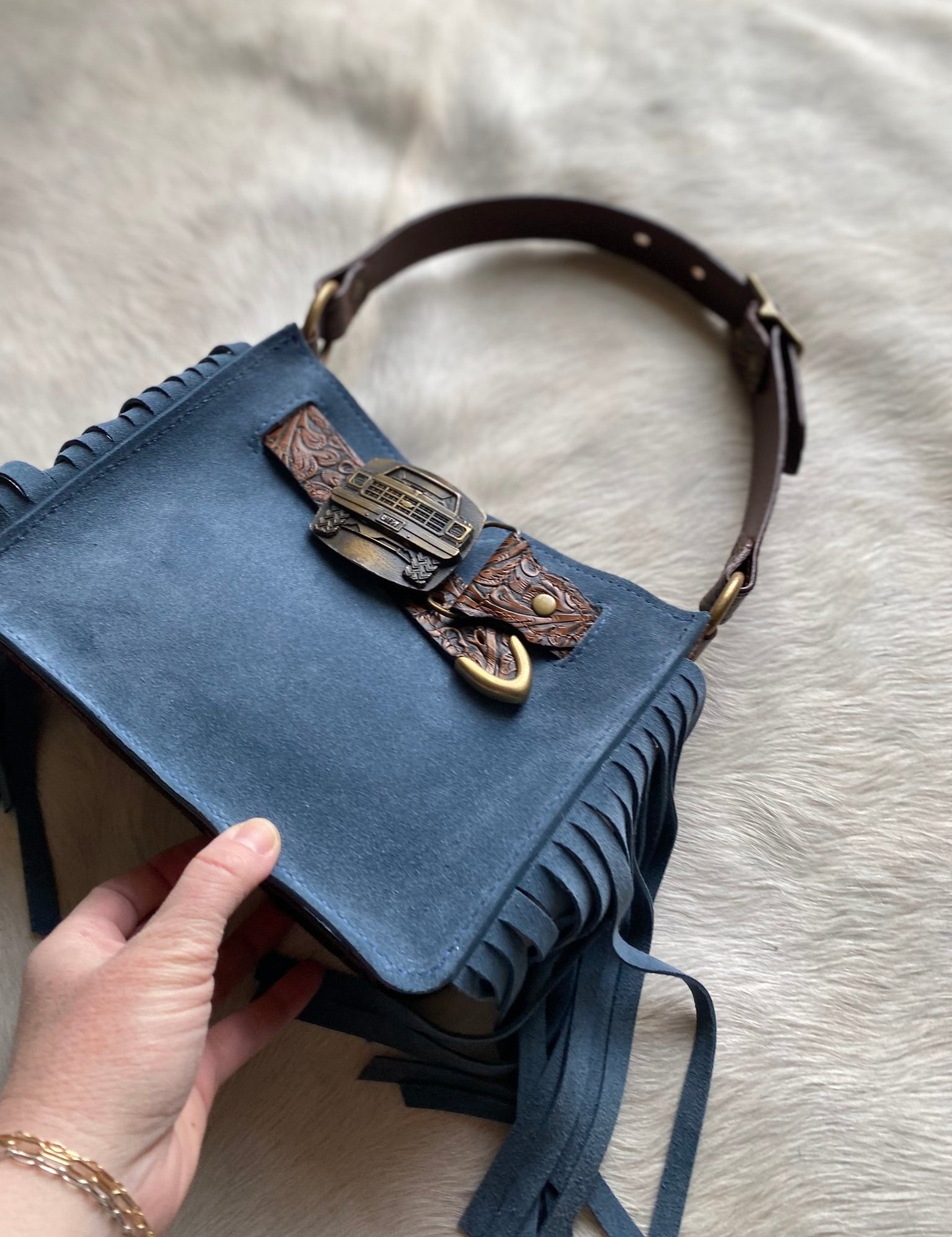 Denim Suede Mini Belted Tote Handbag - MADE TO ORDER - LovLeathers