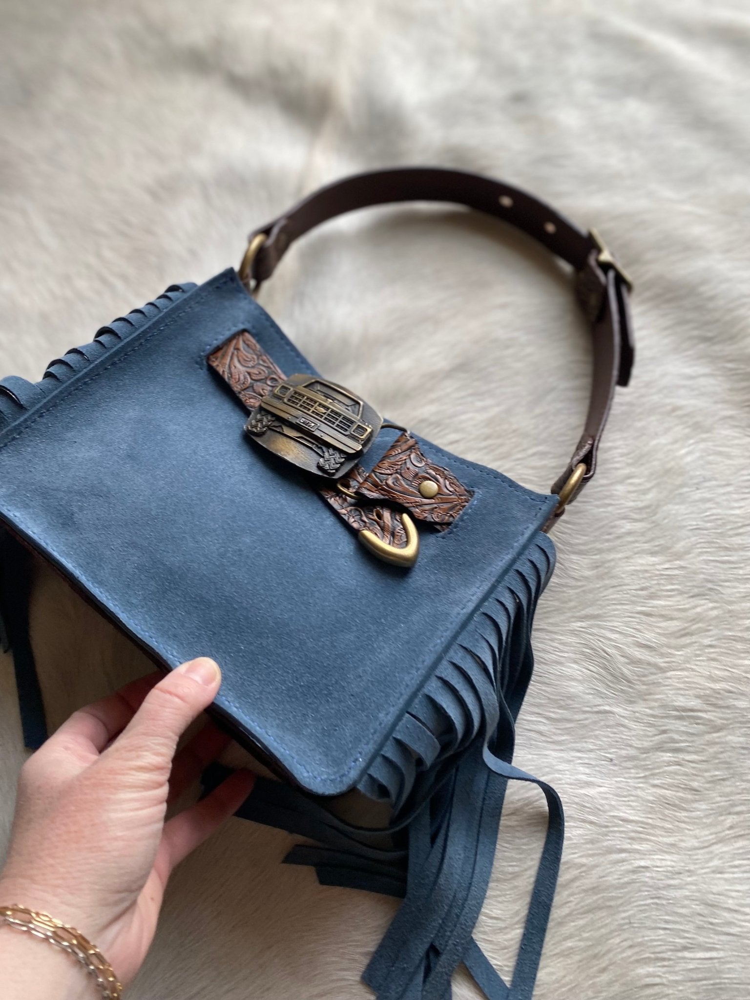 Denim Suede Mini Belted Tote Handbag - MADE TO ORDER - LovLeathers
