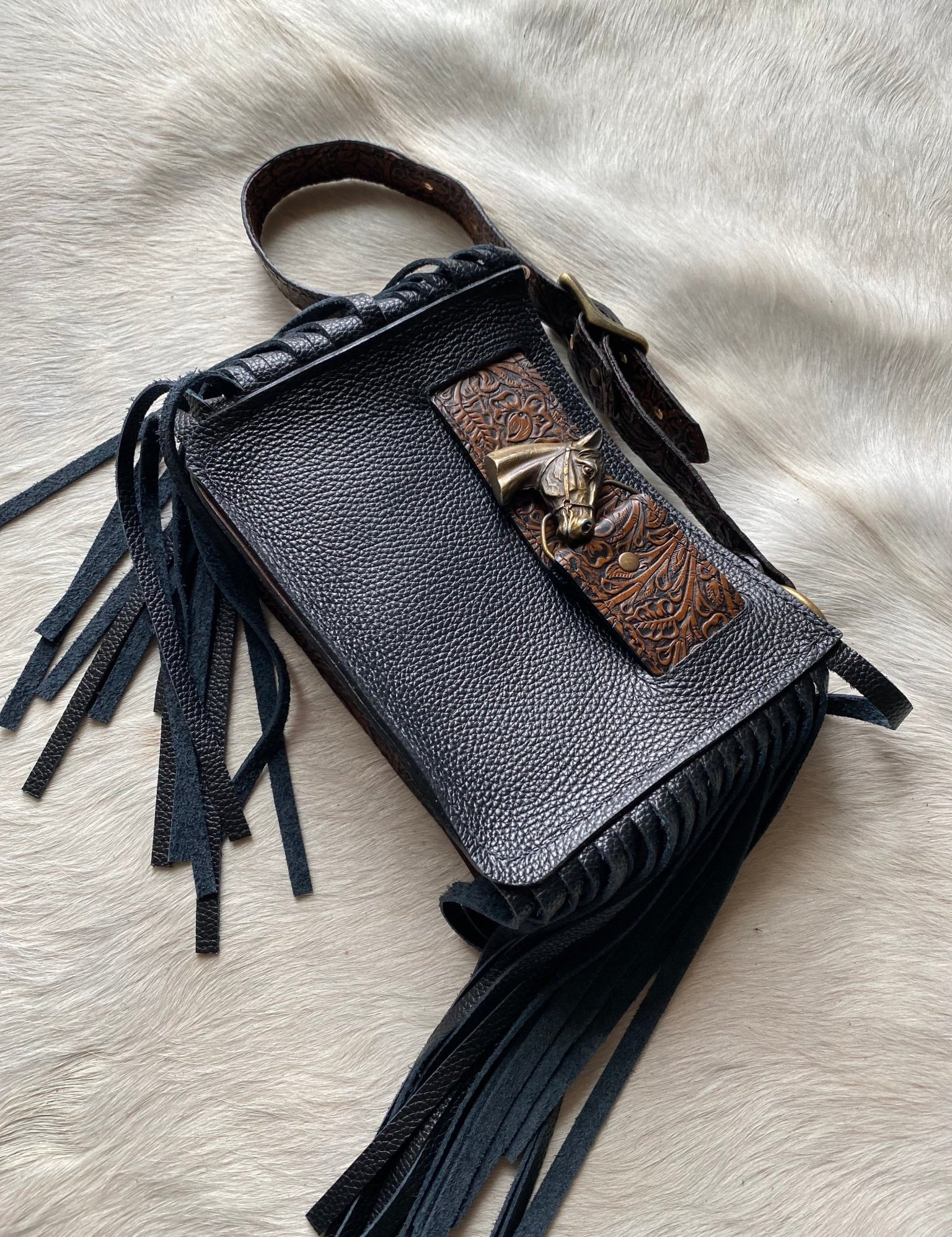 Black Horsehead Belted Mini Tote - LovLeathers