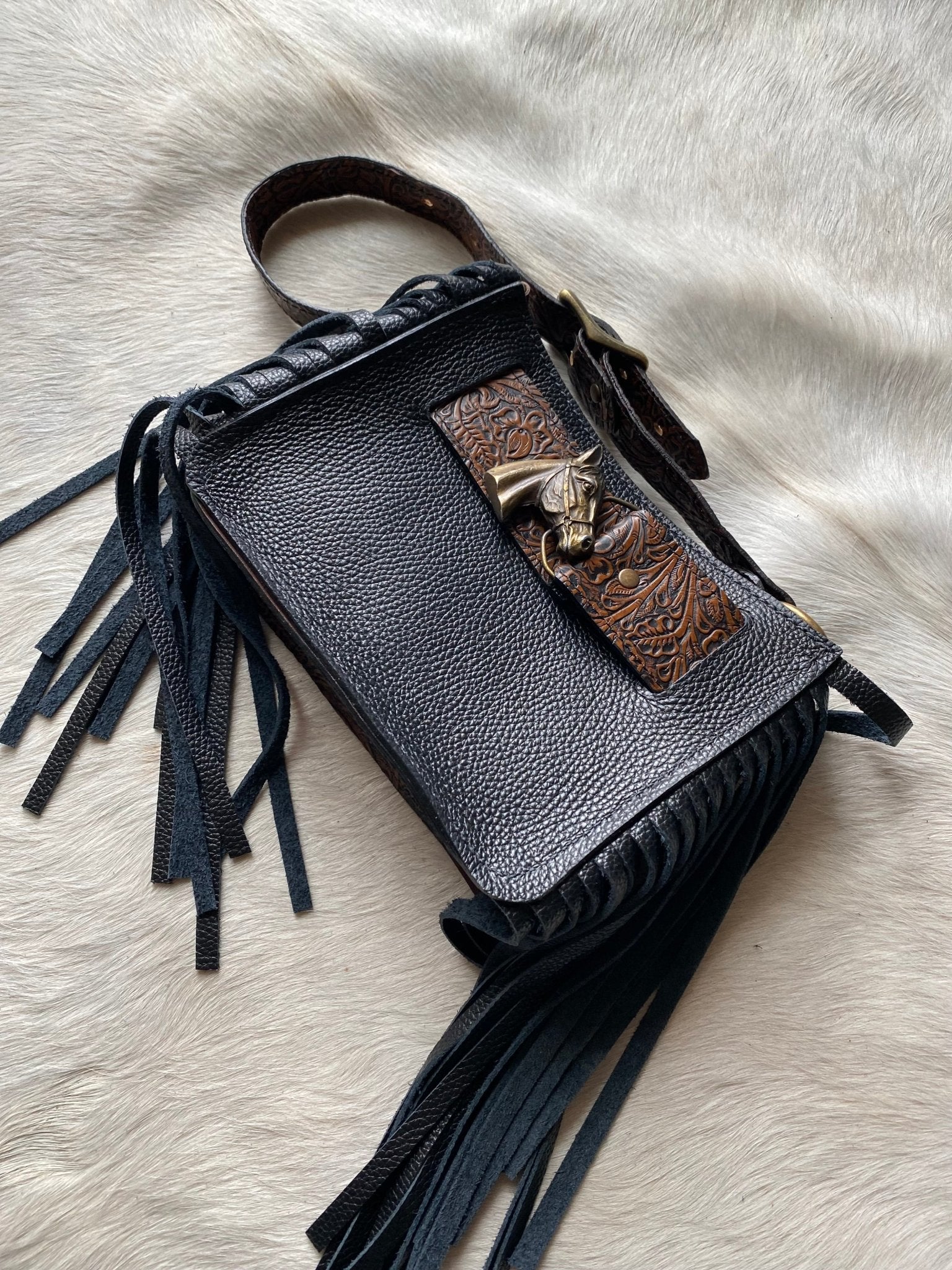 Black Horsehead Belted Mini Tote - LovLeathers