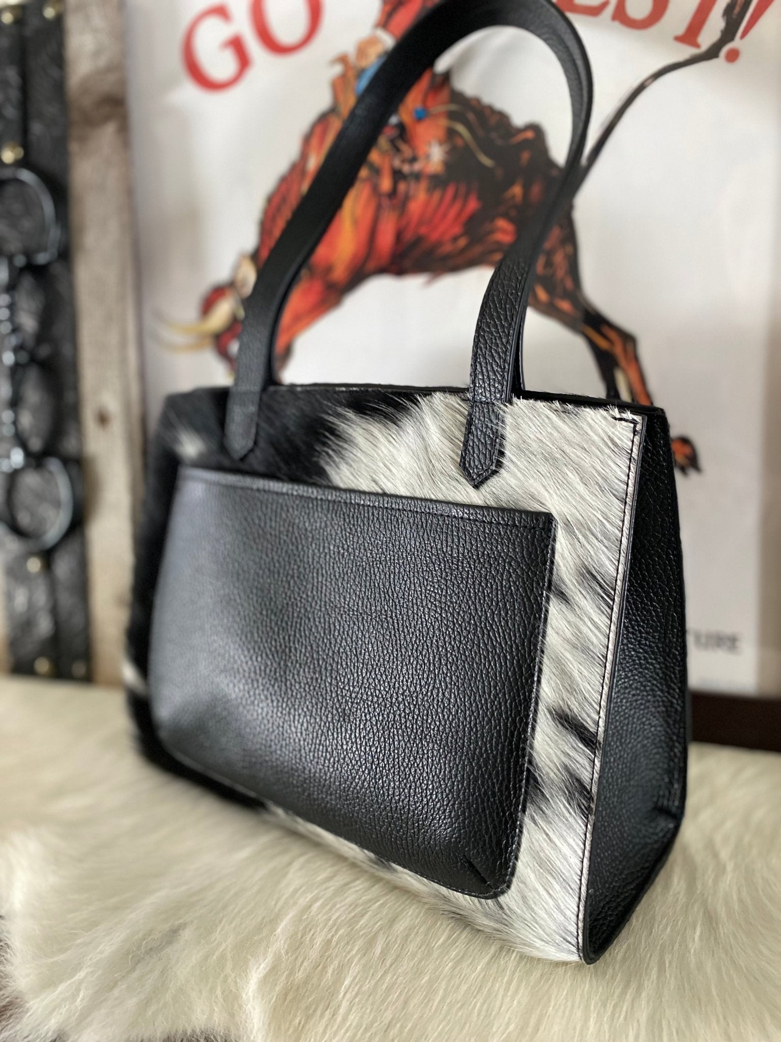Black/White Speckled Tote Bag Styled - LovLeathers