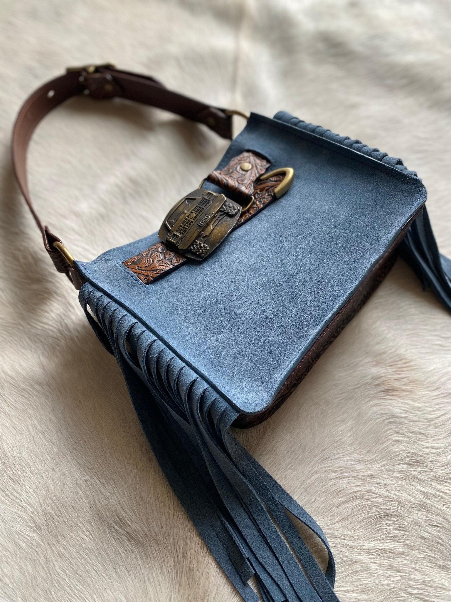 Denim Suede Mini Belted Tote Handbag - MADE TO ORDER - LovLeathers