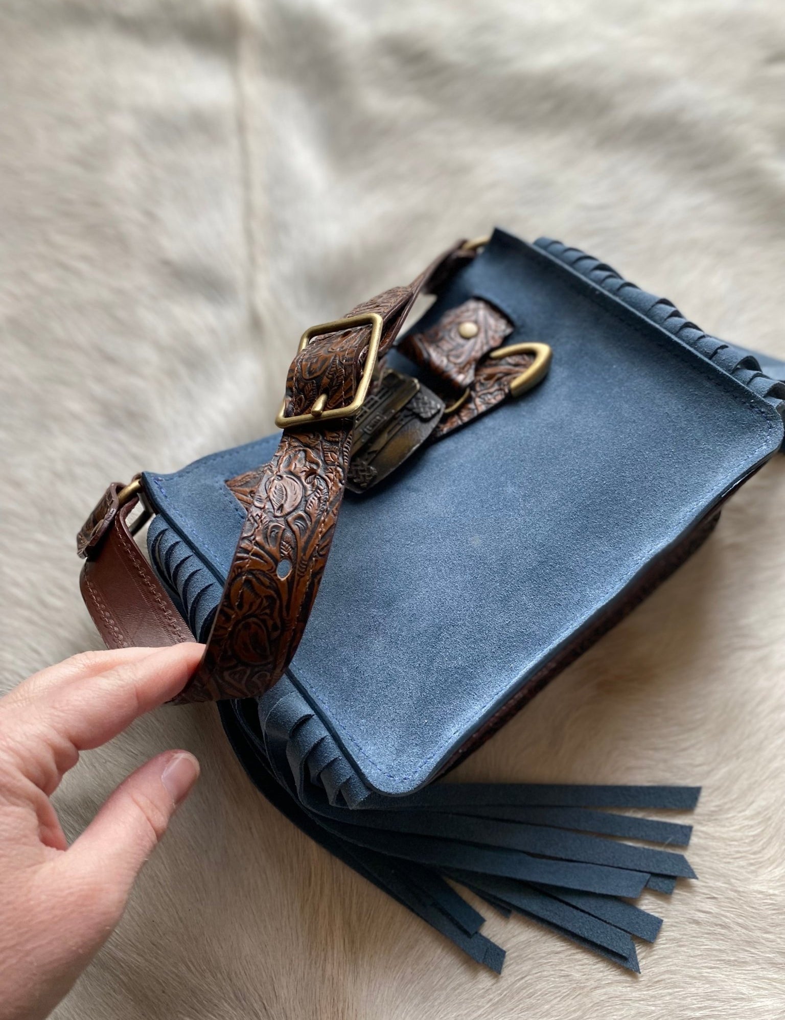 Denim Suede Mini Belted Tote Handbag - MADE TO ORDER - LovLeathers