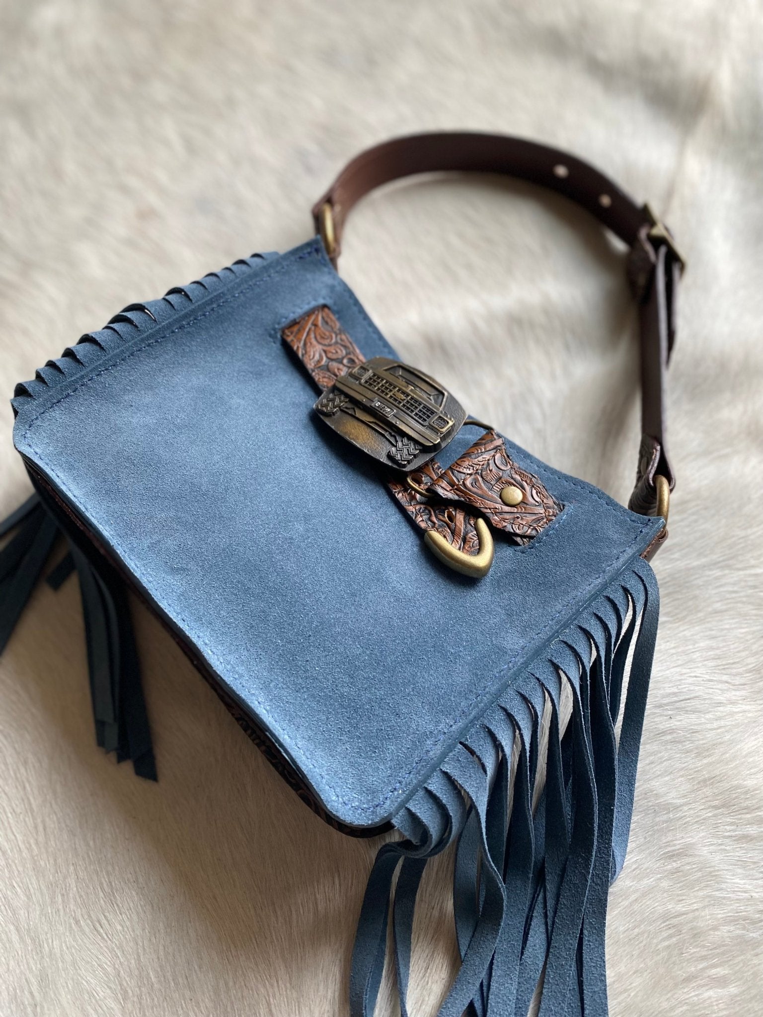 Denim Suede Mini Belted Tote Handbag - MADE TO ORDER - LovLeathers