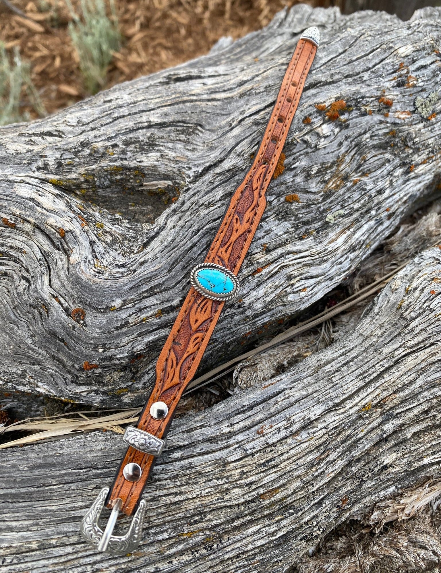 Tooled Leather and Turquoise Bracelet - LovLeathers