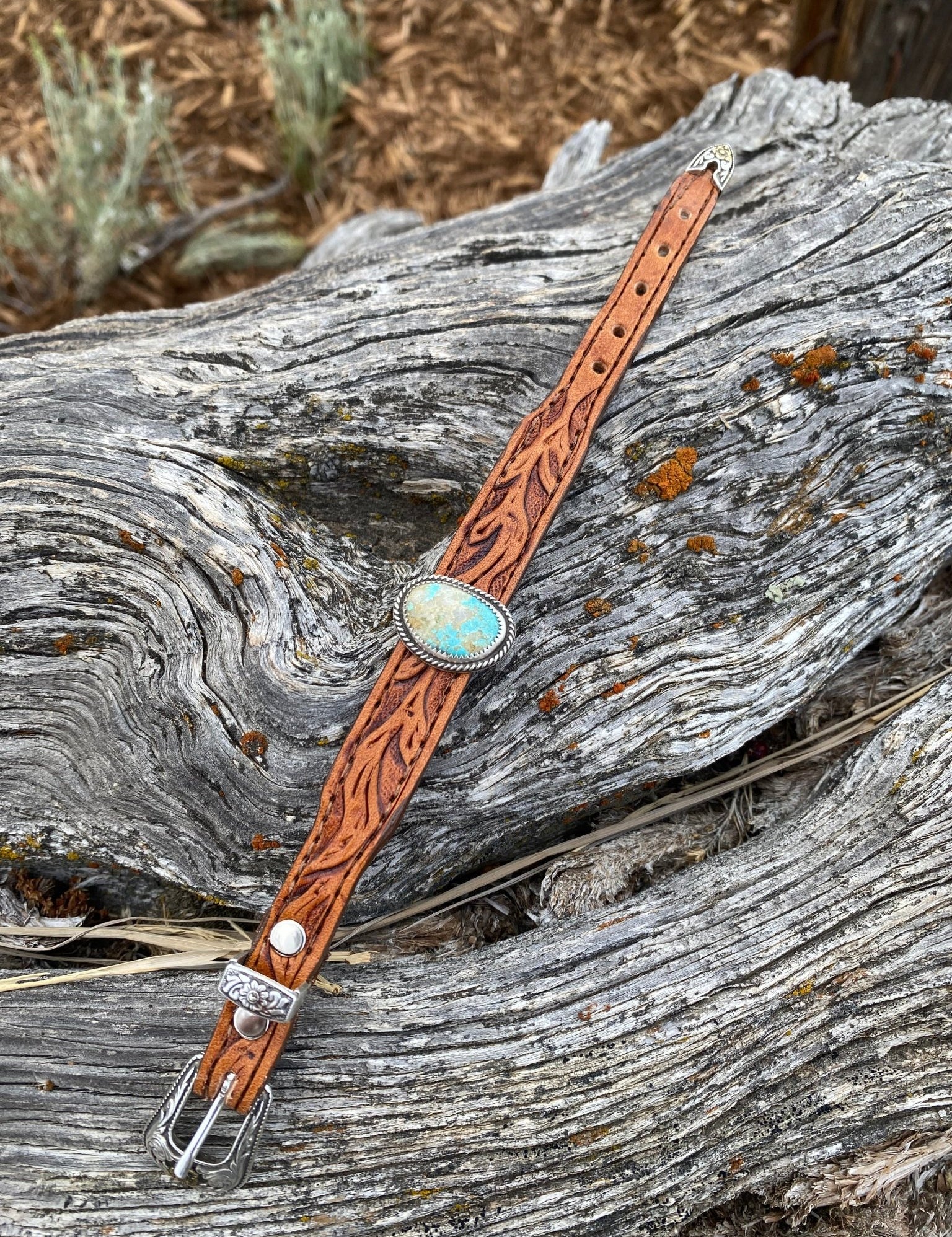 Tooled Leather and Turquoise Bracelet - LovLeathers