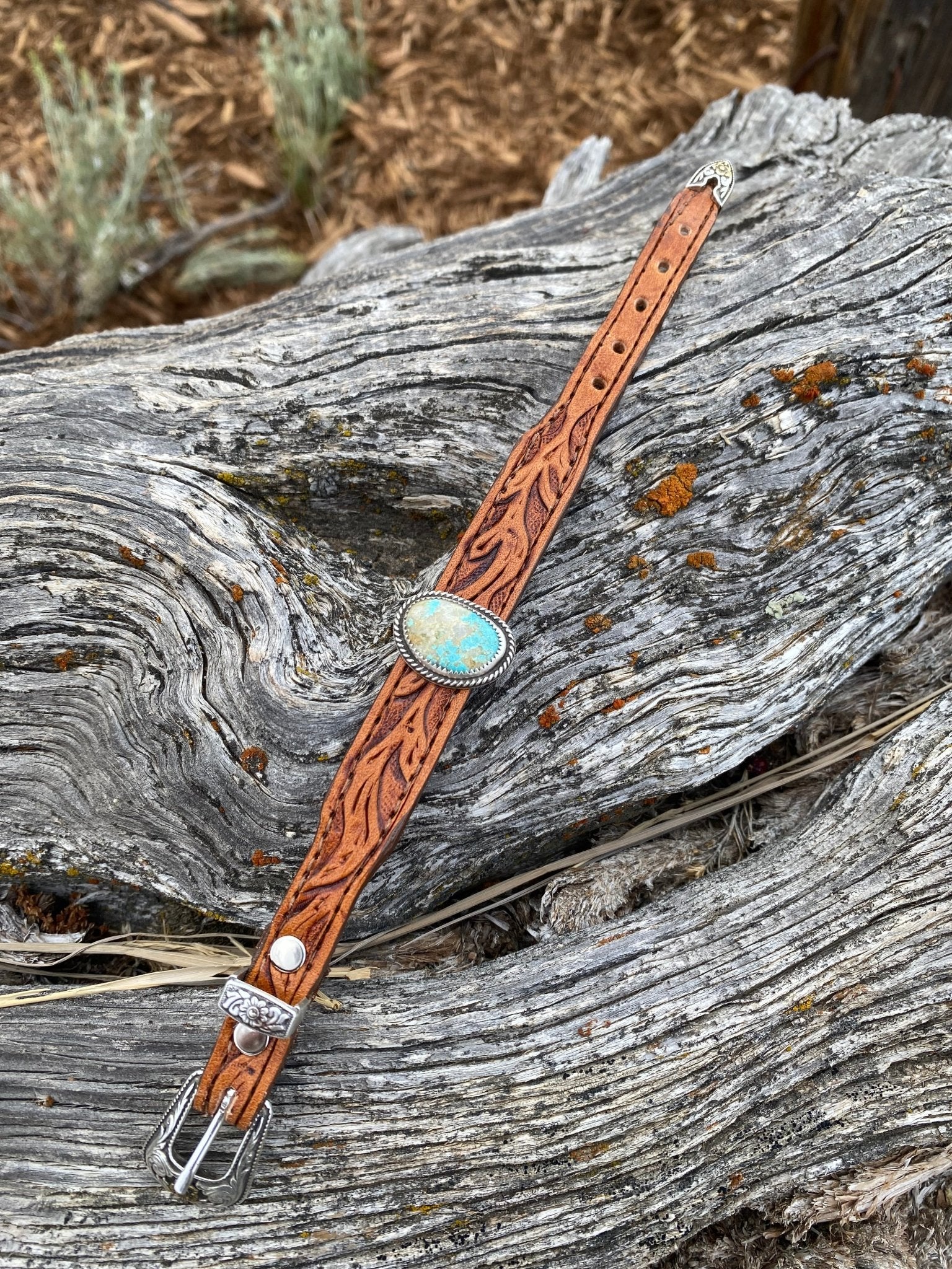 Tooled Leather and Turquoise Bracelet - LovLeathers