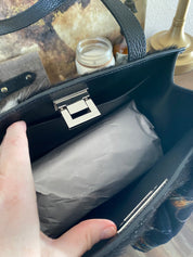 Black/White Speckled Tote Bag Styled - LovLeathers