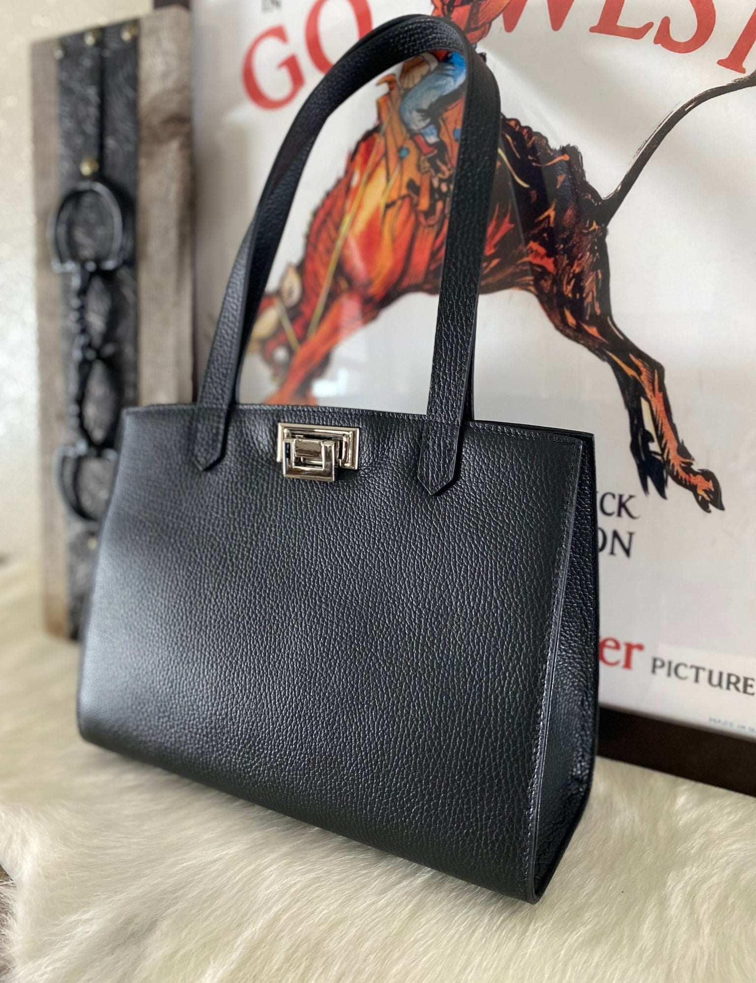 Black Pebble Grain Leather Tote Bag - LovLeathers