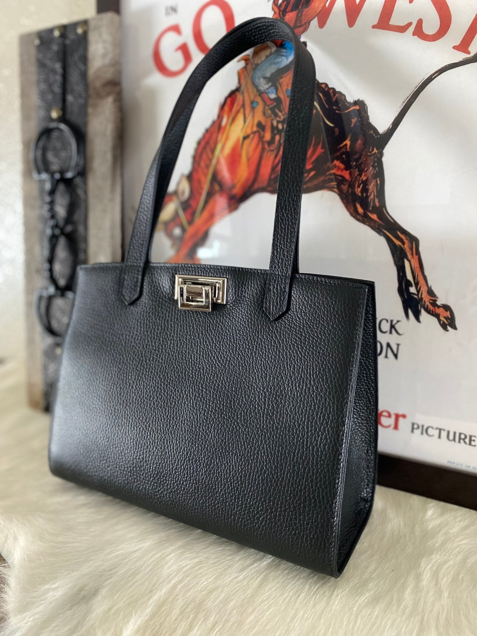 Black Pebble Grain Leather Tote Bag - LovLeathers