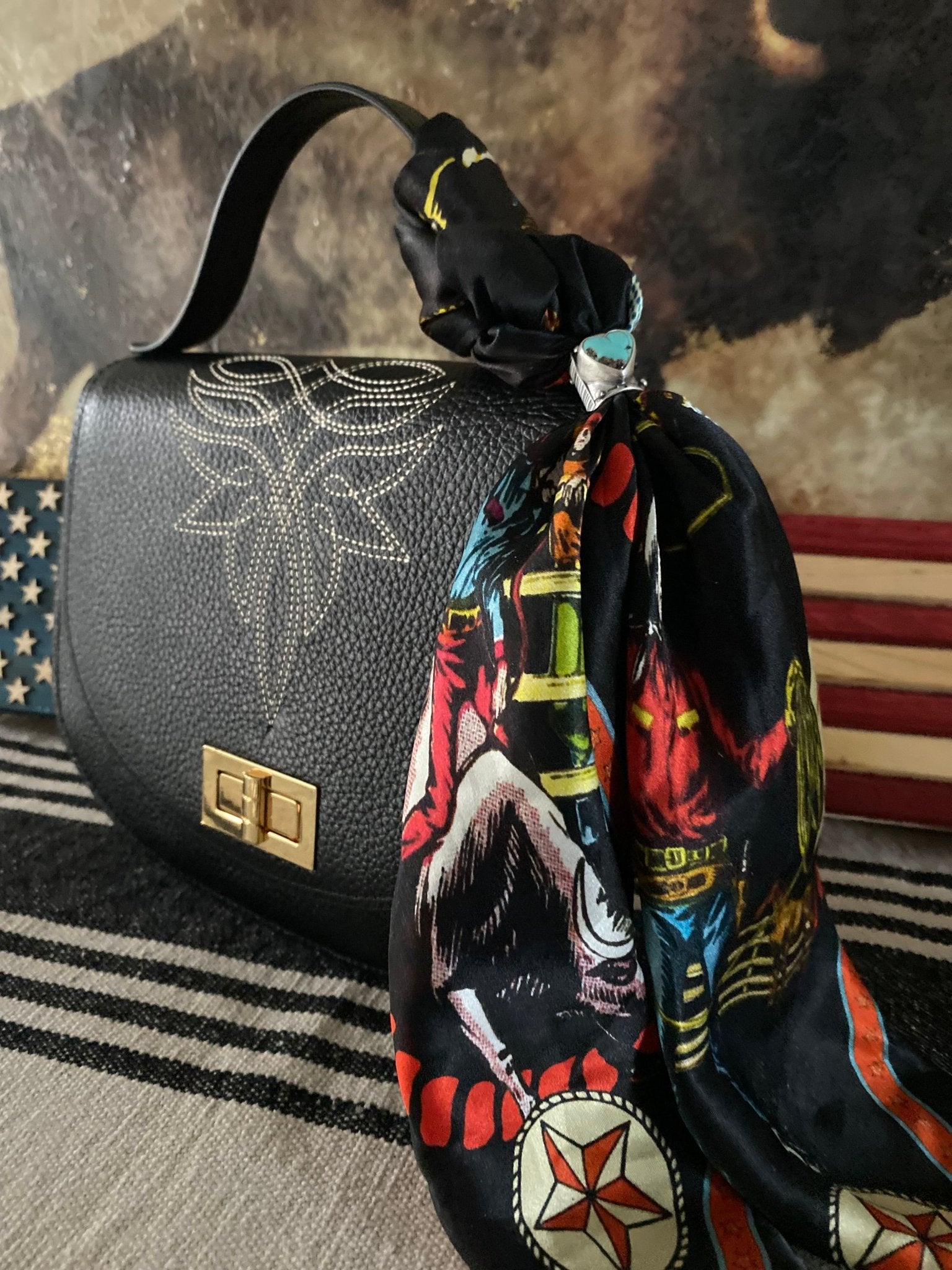 Styled Black Boot Stitch Pioneer Handbag - LovLeathers