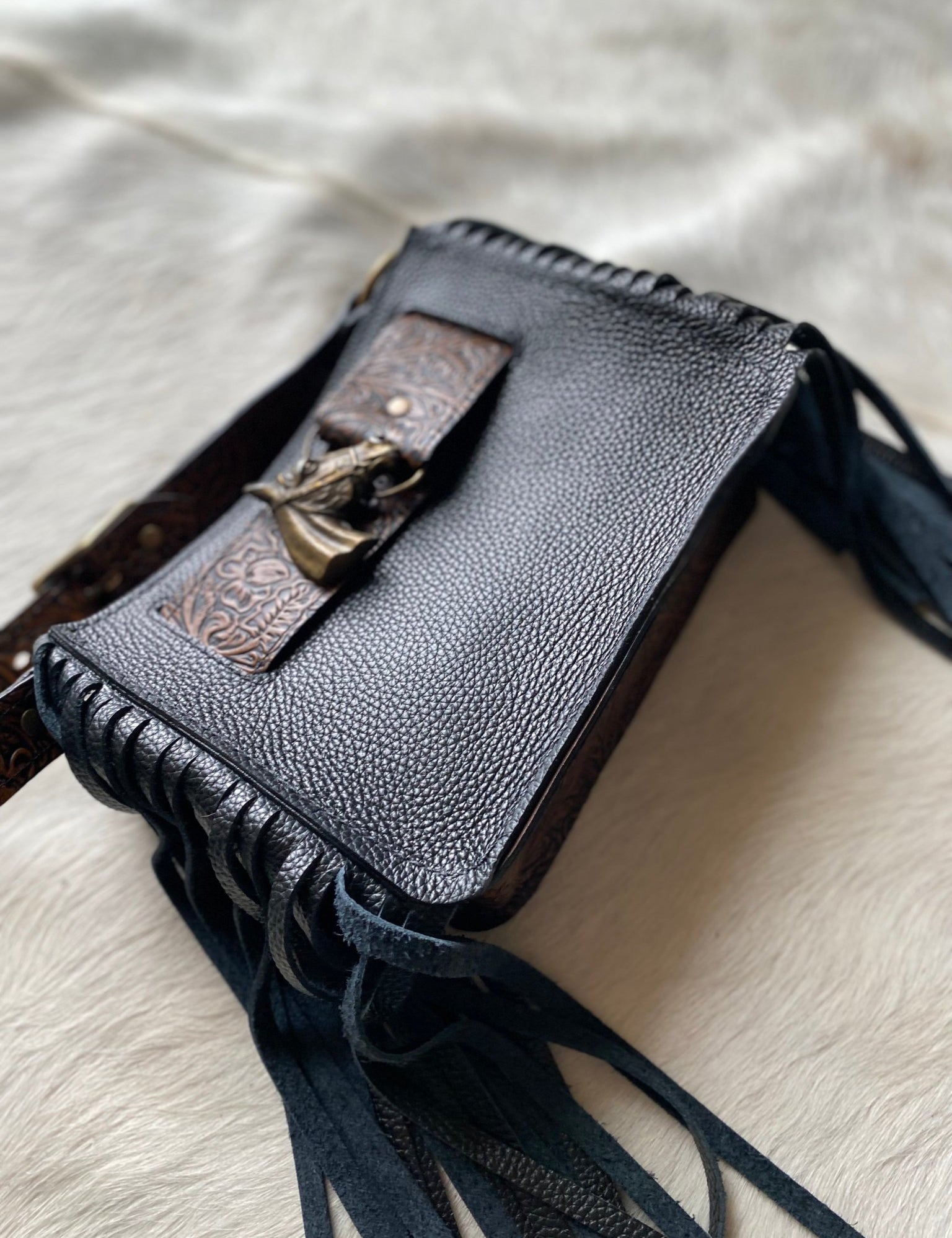 Black Horsehead Belted Mini Tote - LovLeathers