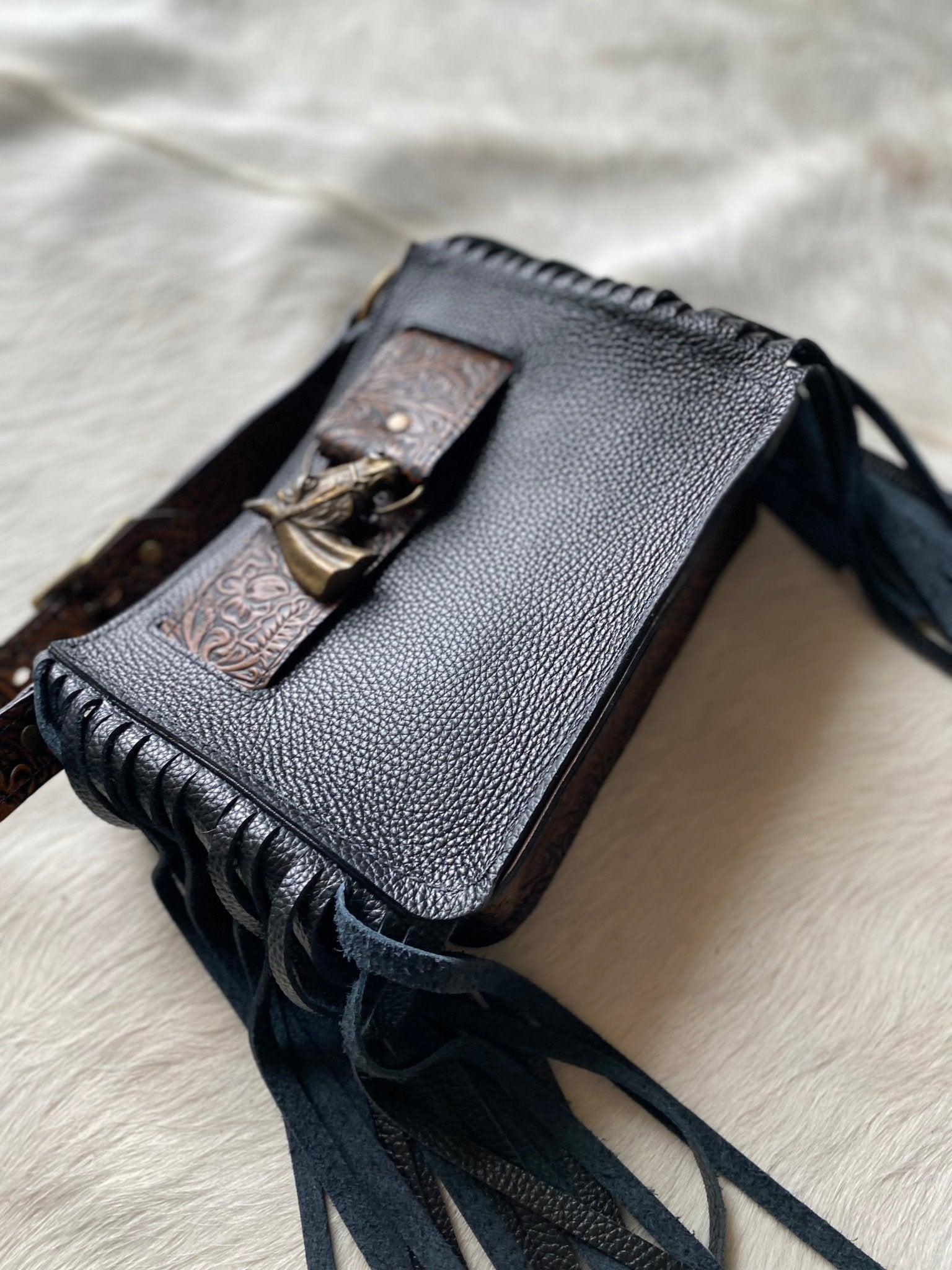 Black Horsehead Belted Mini Tote - LovLeathers