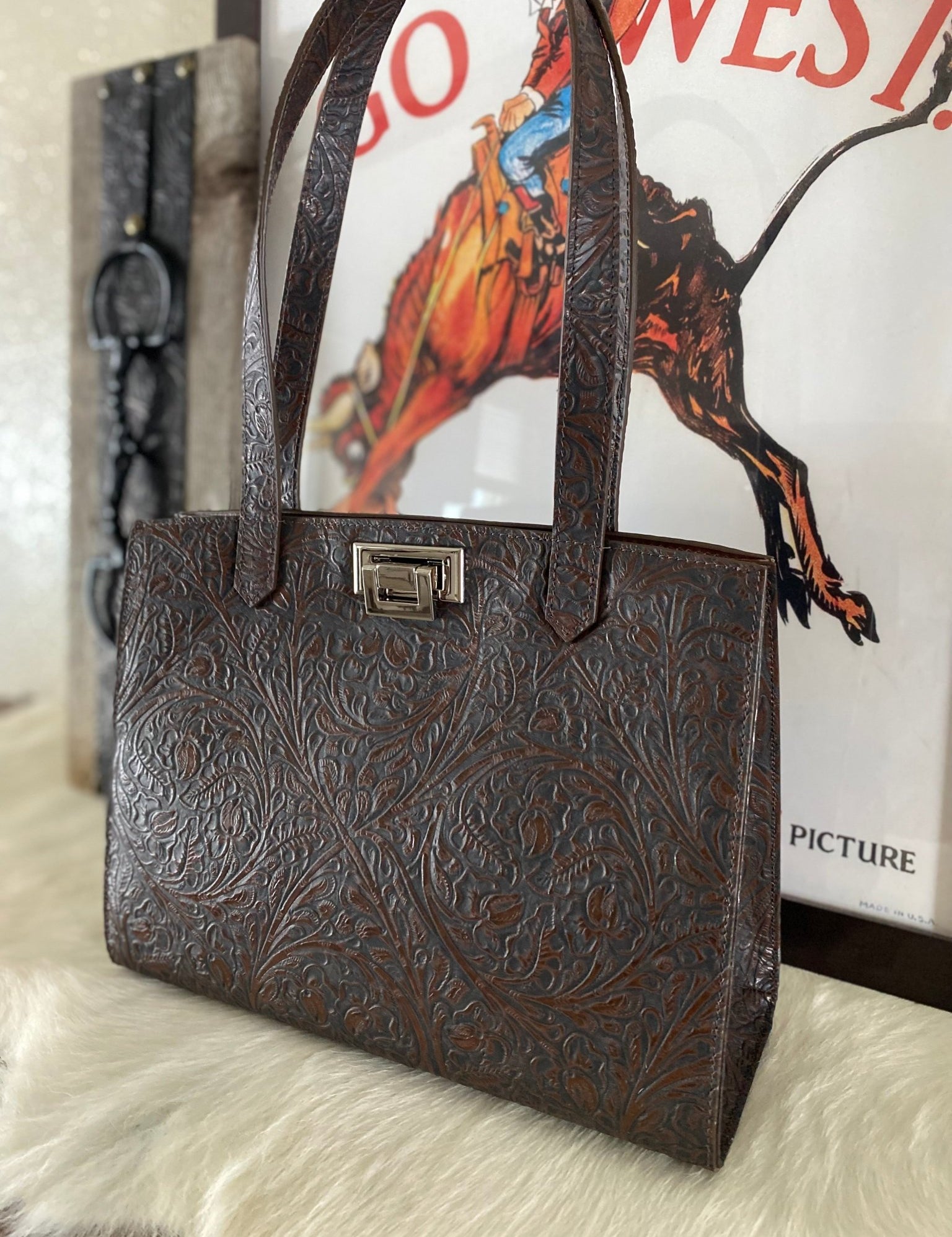 Brown Western Tool Embossed Tote Bag - LovLeathers