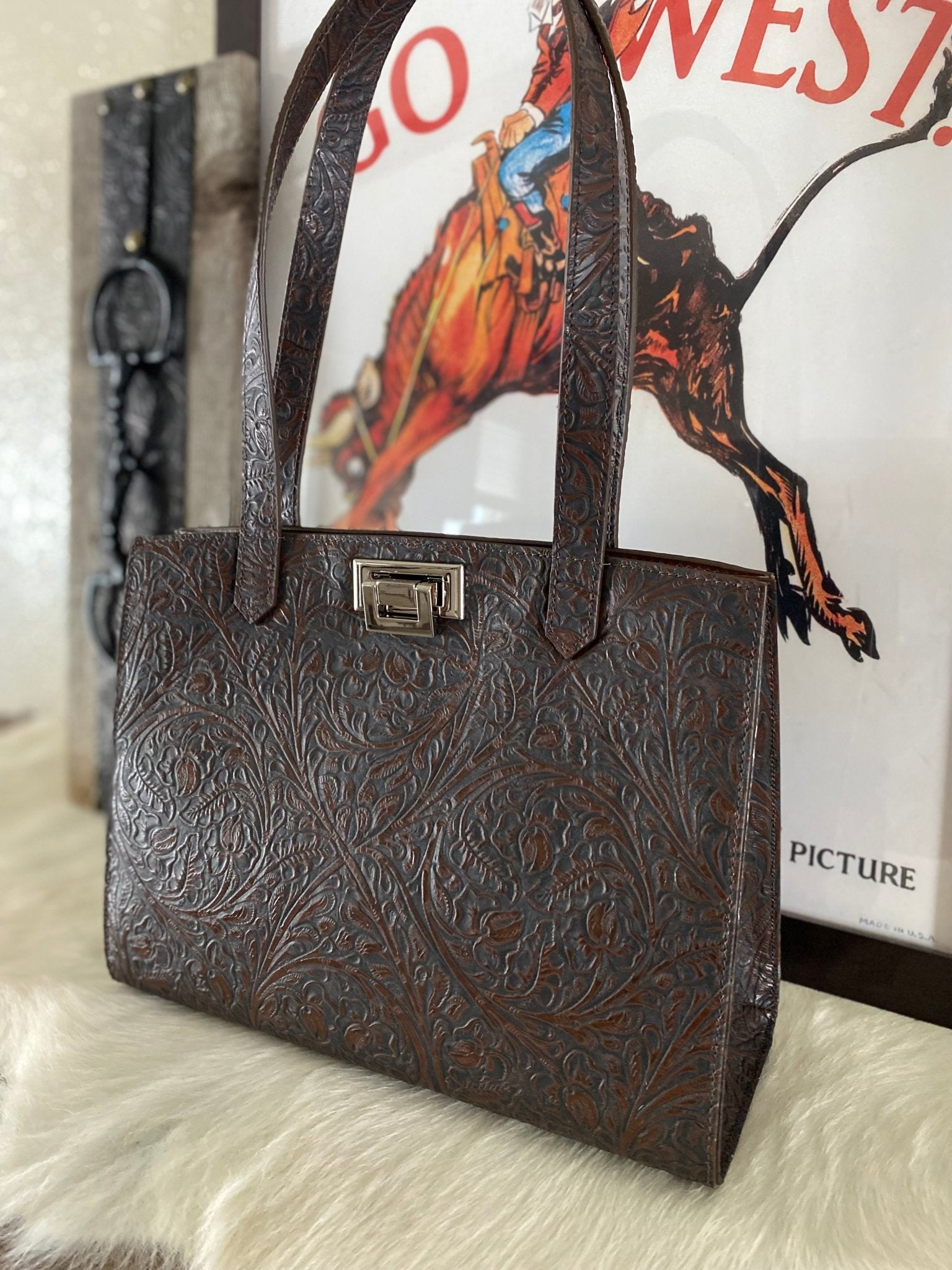 Brown Western Tool Embossed Tote Bag - LovLeathers
