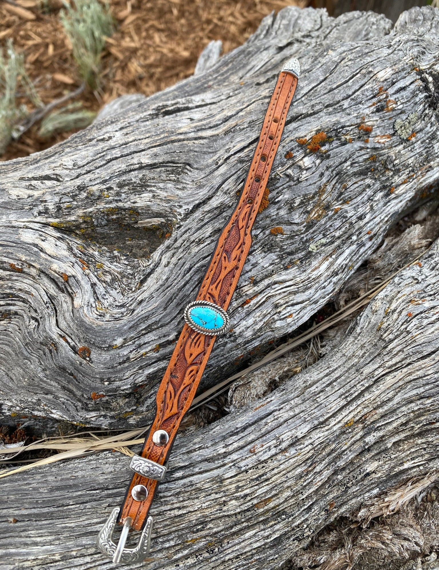 Tooled Leather and Turquoise Bracelet - LovLeathers