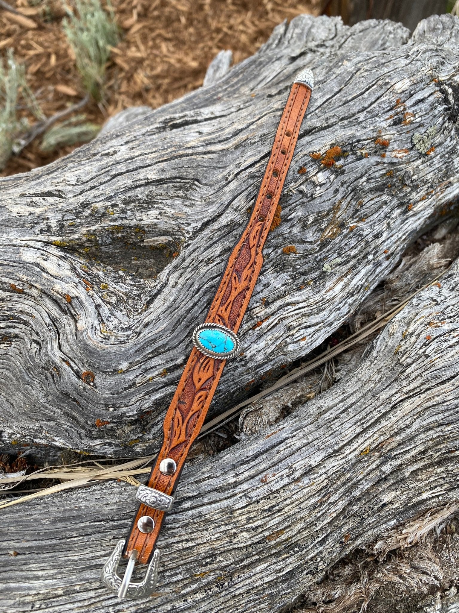 Tooled Leather and Turquoise Bracelet - LovLeathers