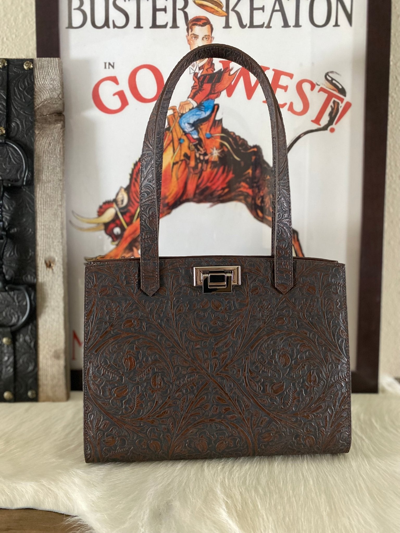 Brown Western Tool Embossed Tote Bag - LovLeathers
