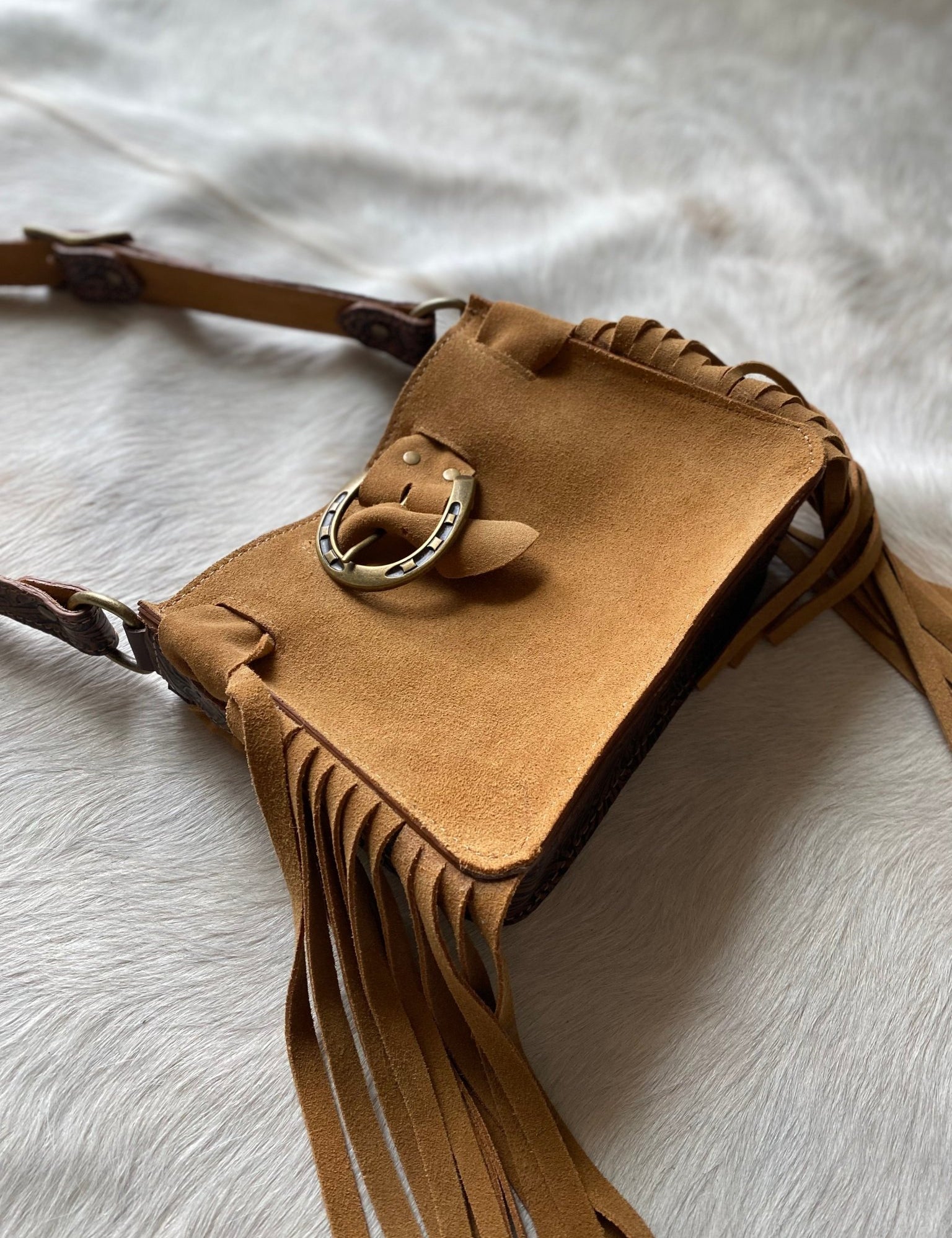 Tan Suede Horseshoe buckle belted Mini tote - LovLeathers