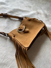 Tan Suede Horseshoe buckle belted Mini tote - LovLeathers