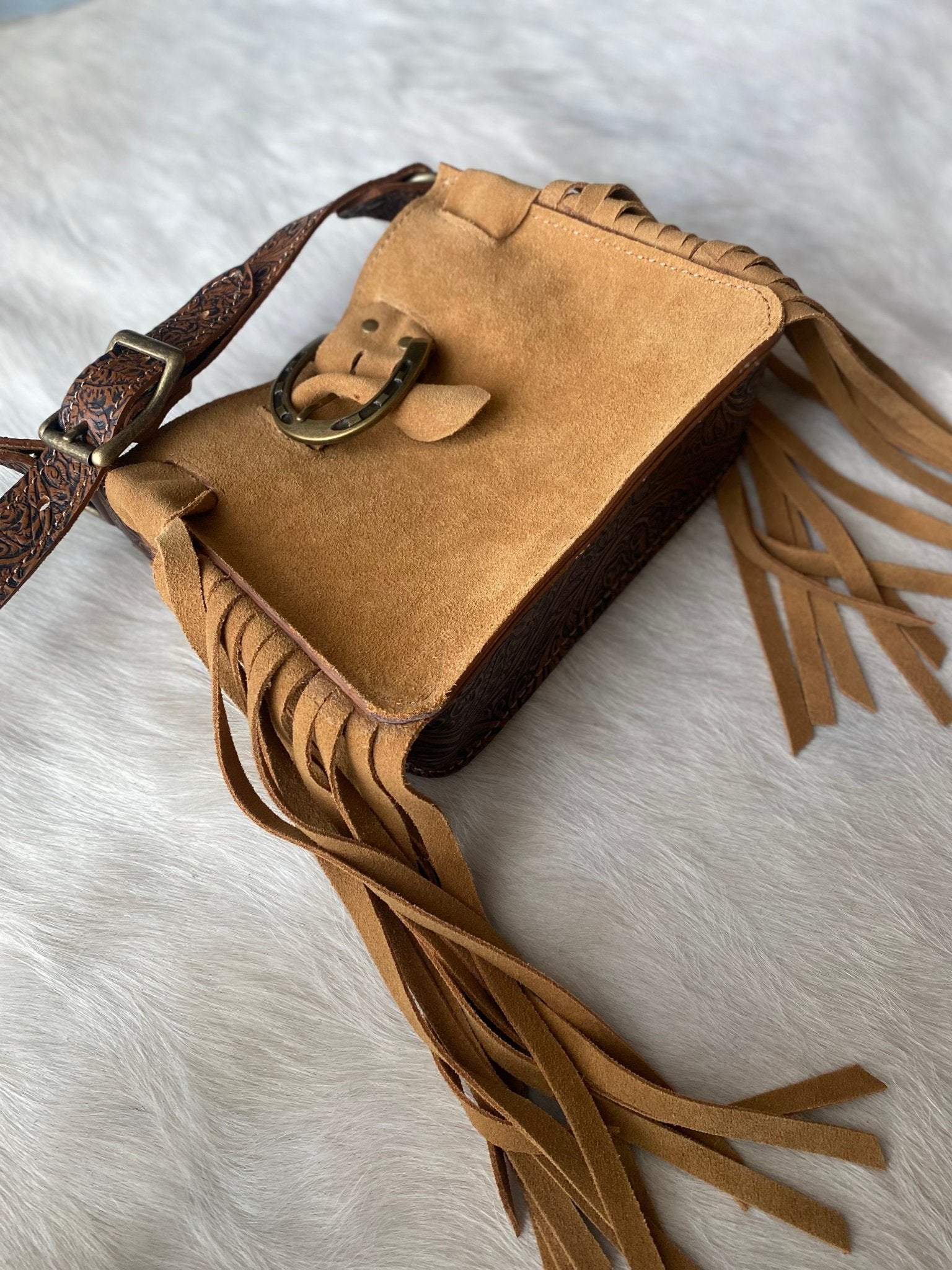 Tan Suede Horseshoe buckle belted Mini tote - LovLeathers