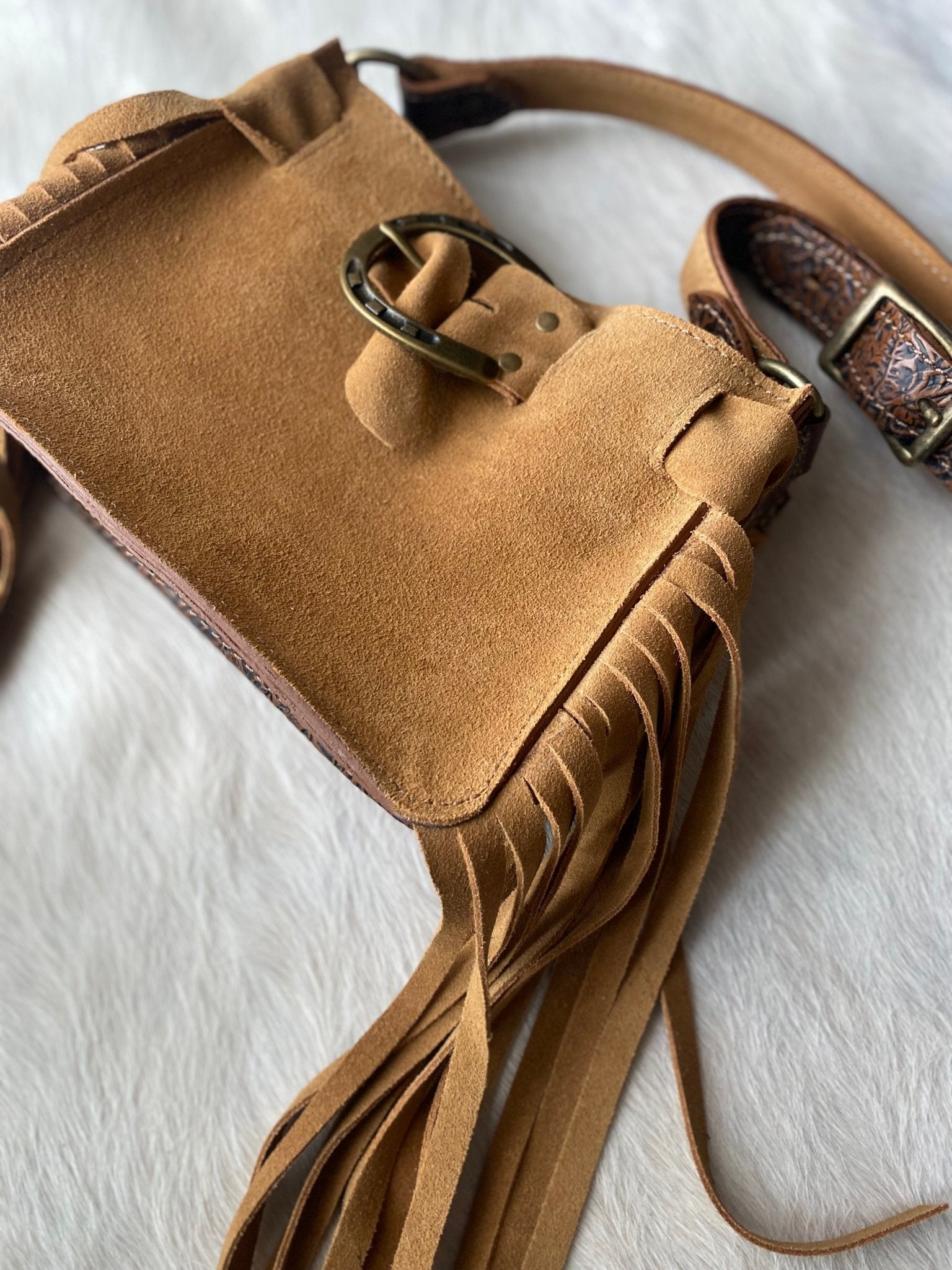 Tan Suede Horseshoe buckle belted Mini tote - LovLeathers