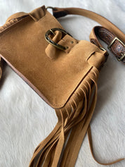 Tan Suede Horseshoe buckle belted Mini tote - LovLeathers