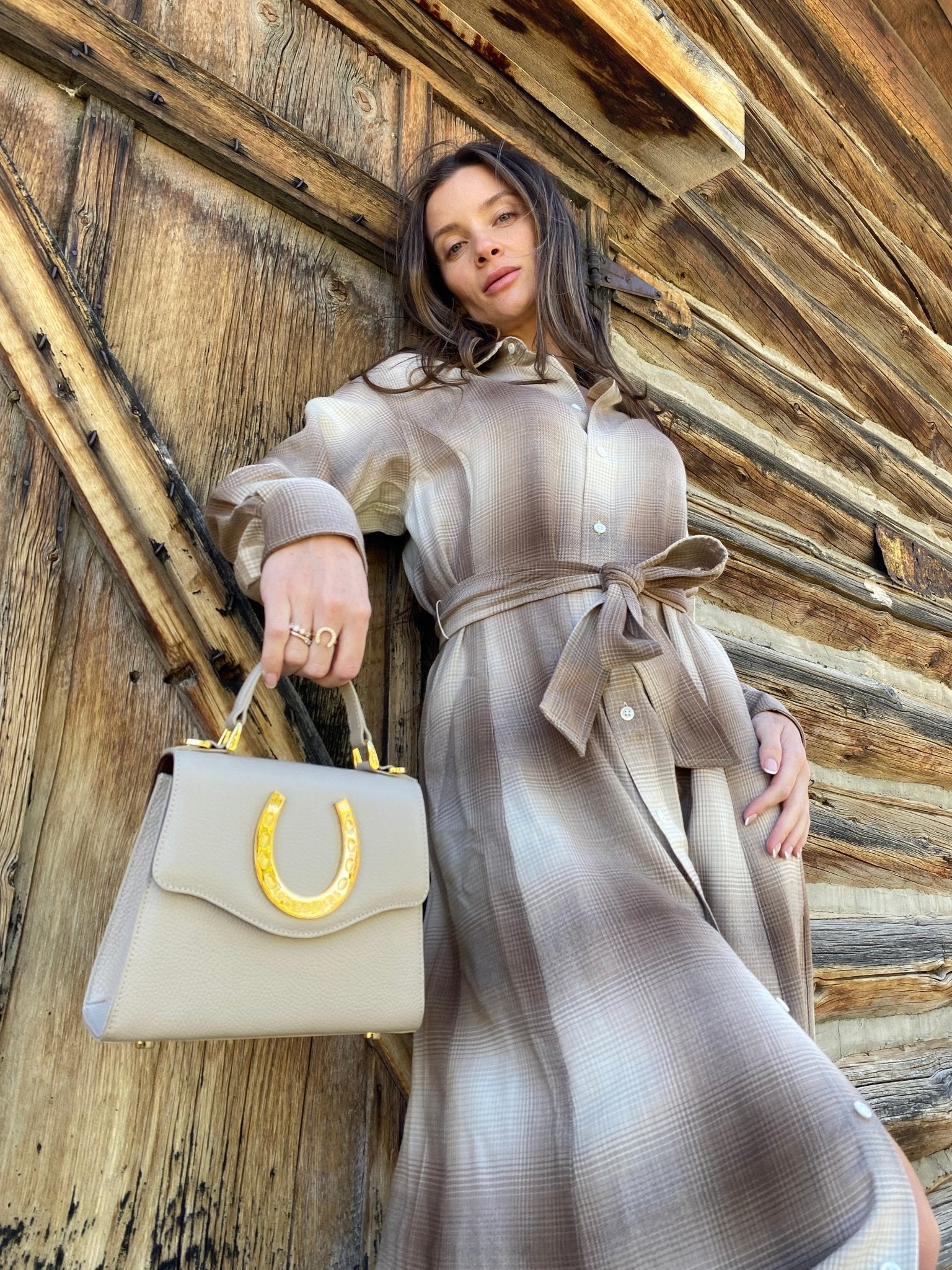 Taupe Gold Horseshoe Lady Bag - LovLeathers