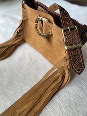 Tan Suede Horseshoe buckle belted Mini tote - LovLeathers