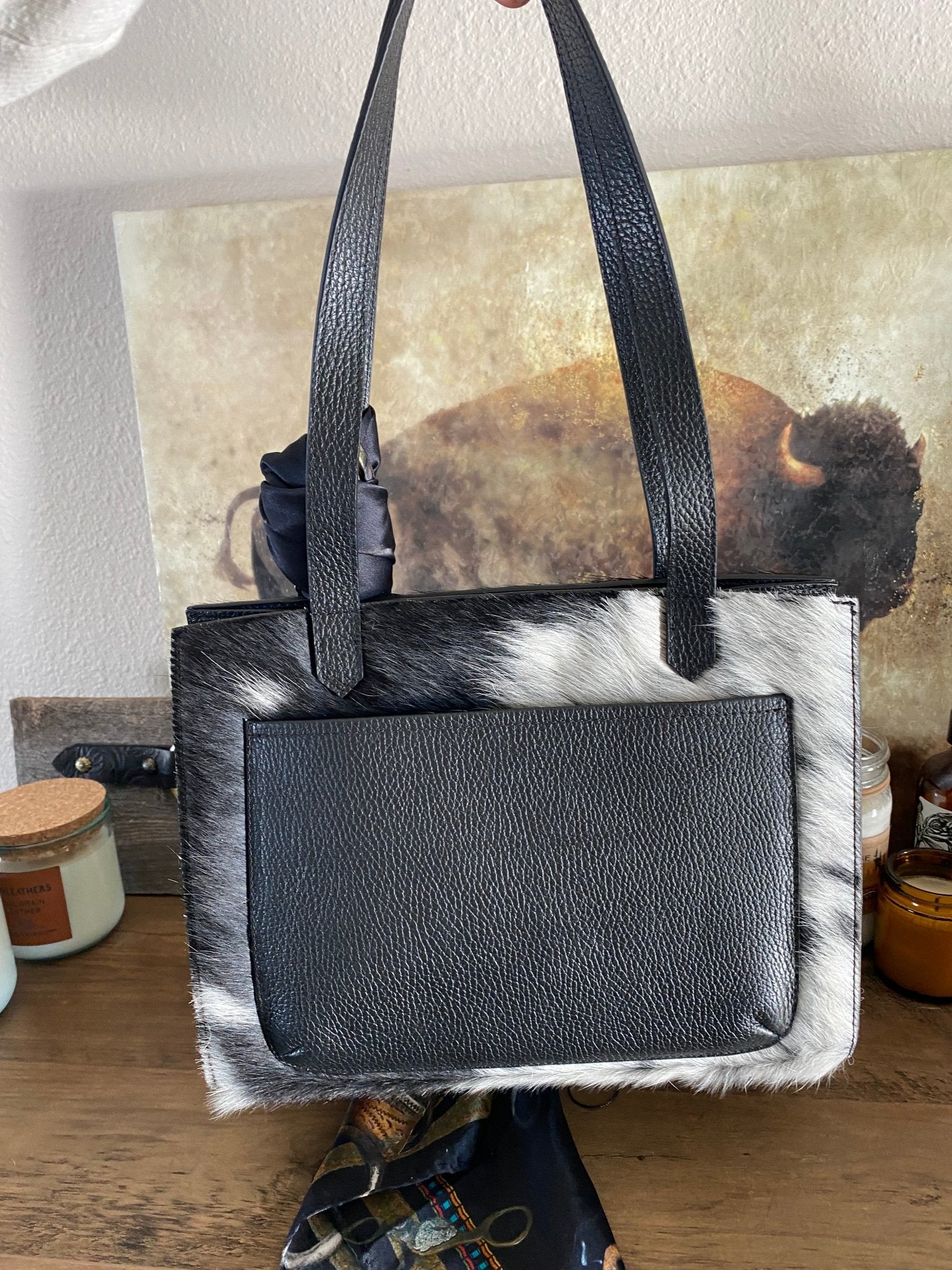 Black/White Speckled Tote Bag Styled - LovLeathers