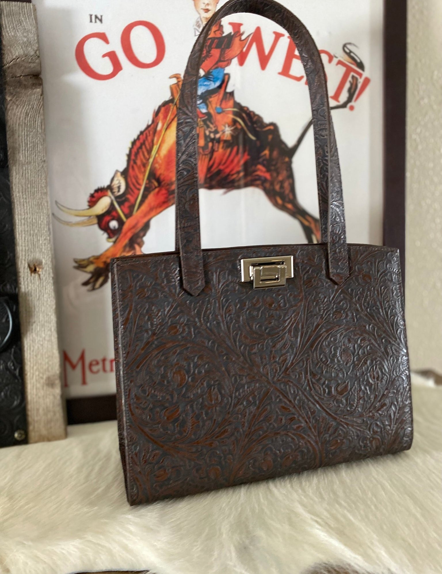 Brown Western Tool Embossed Tote Bag - LovLeathers