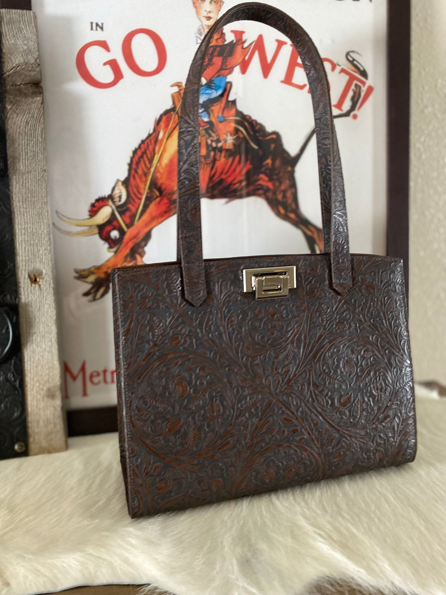 Brown Western Tool Embossed Tote Bag - LovLeathers