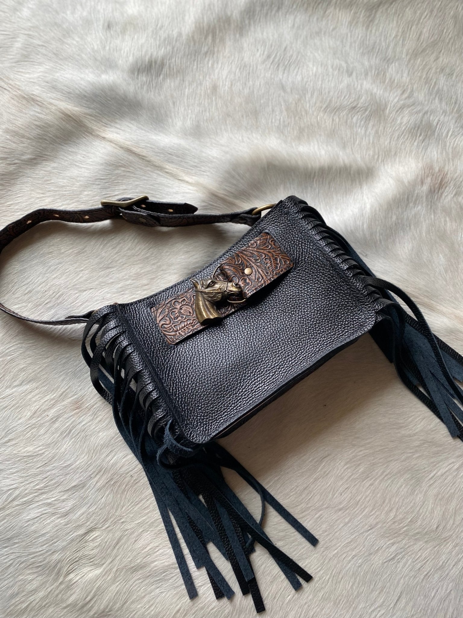 Black Horsehead Belted Mini Tote - LovLeathers