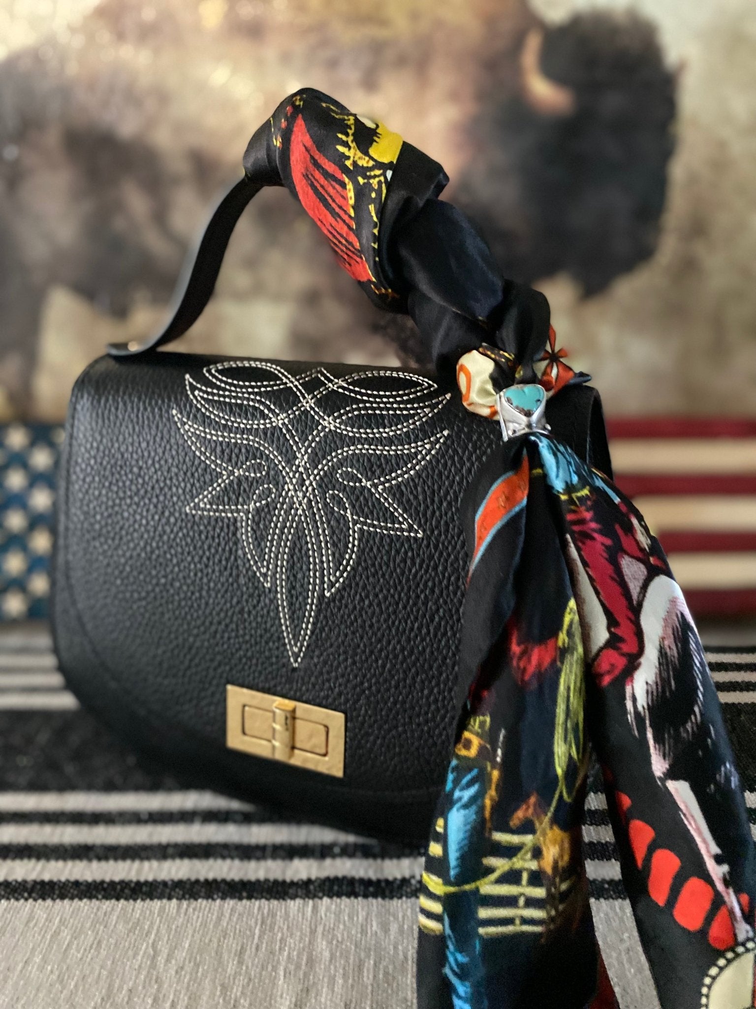 Styled Black Boot Stitch Pioneer Handbag - LovLeathers