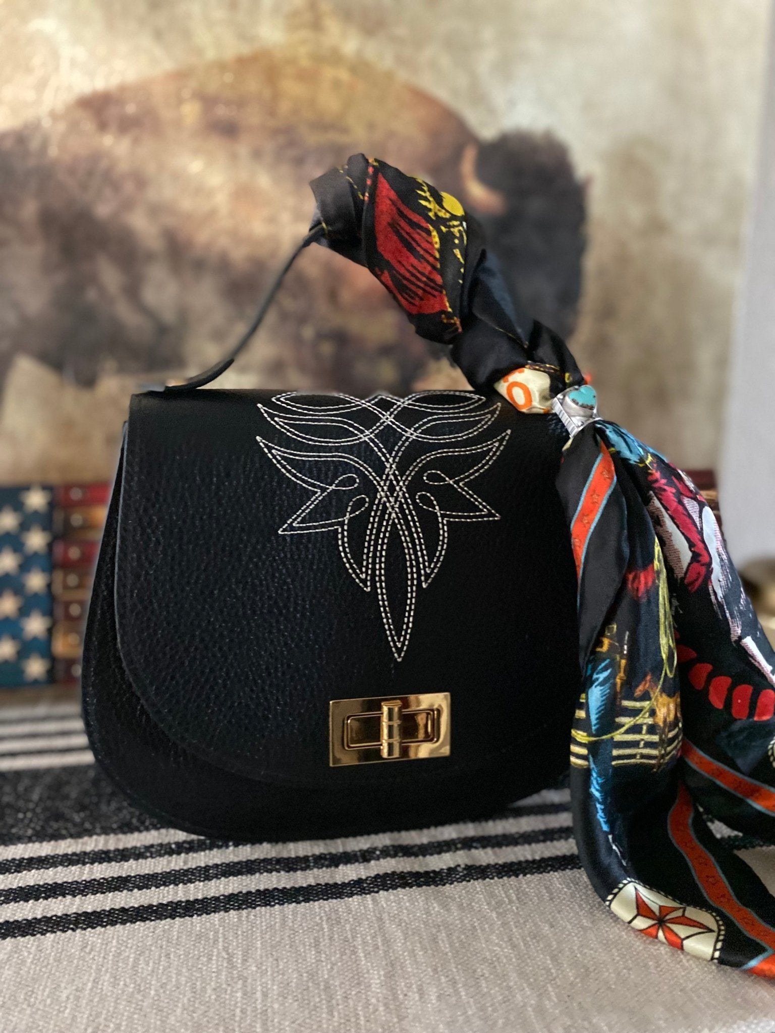 Styled Black Boot Stitch Pioneer Handbag - LovLeathers