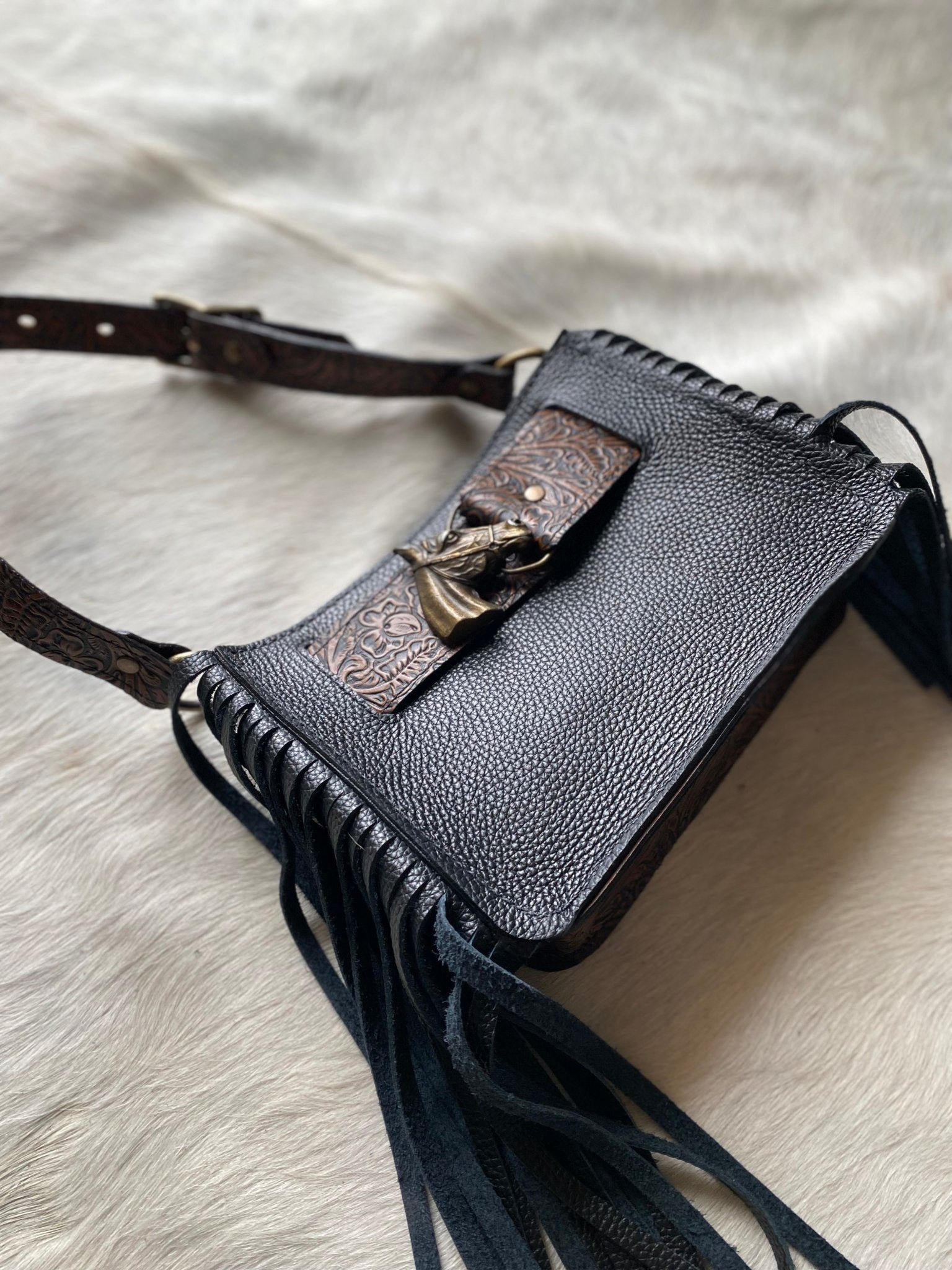 Black Horsehead Belted Mini Tote - LovLeathers