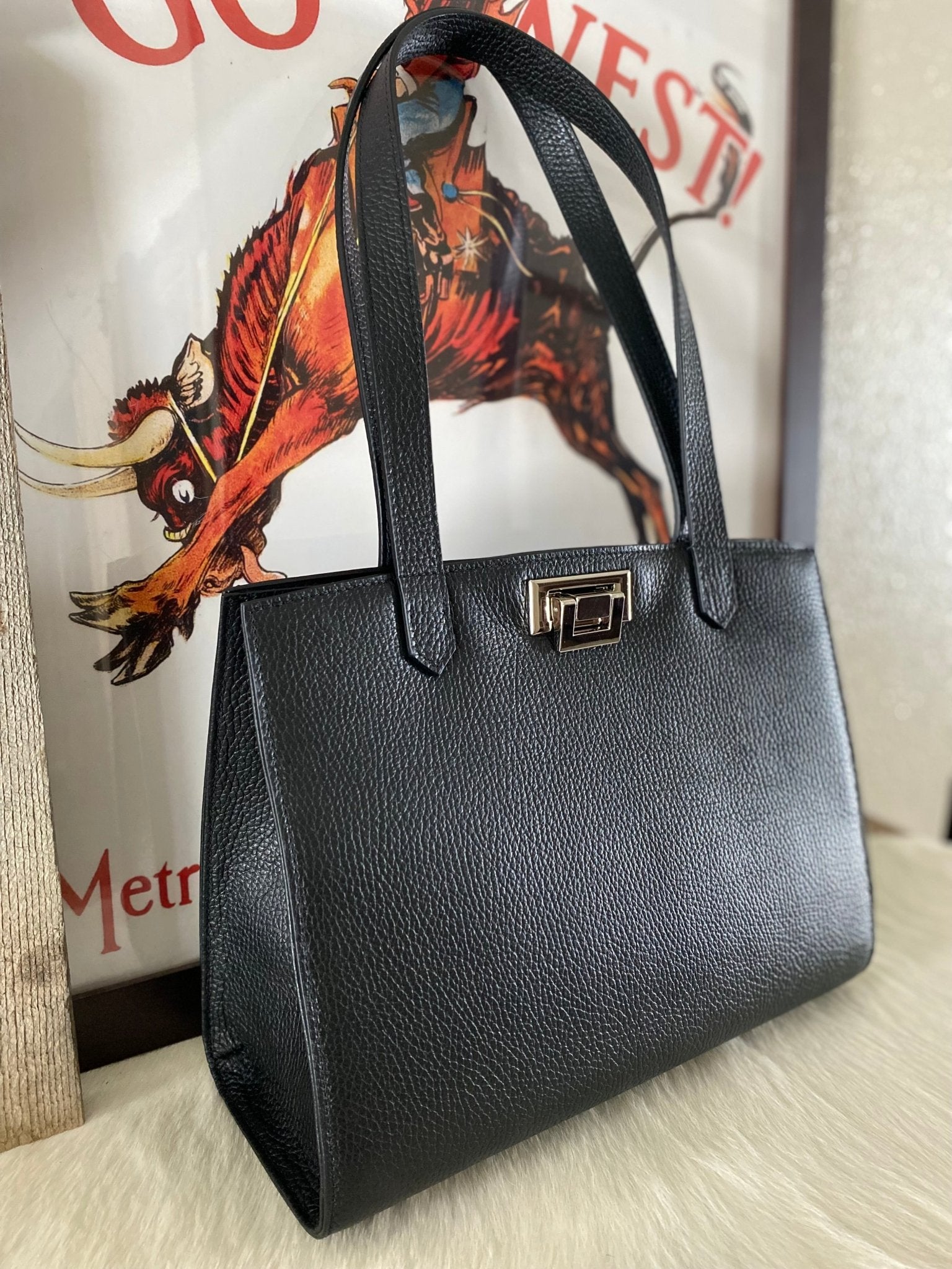 Black Pebble Grain Leather Tote Bag - LovLeathers