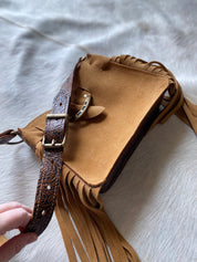 Tan Suede Horseshoe buckle belted Mini tote - LovLeathers
