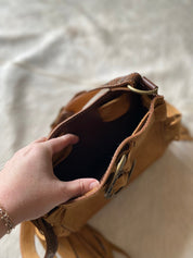 Tan Suede Horseshoe buckle belted Mini tote - LovLeathers