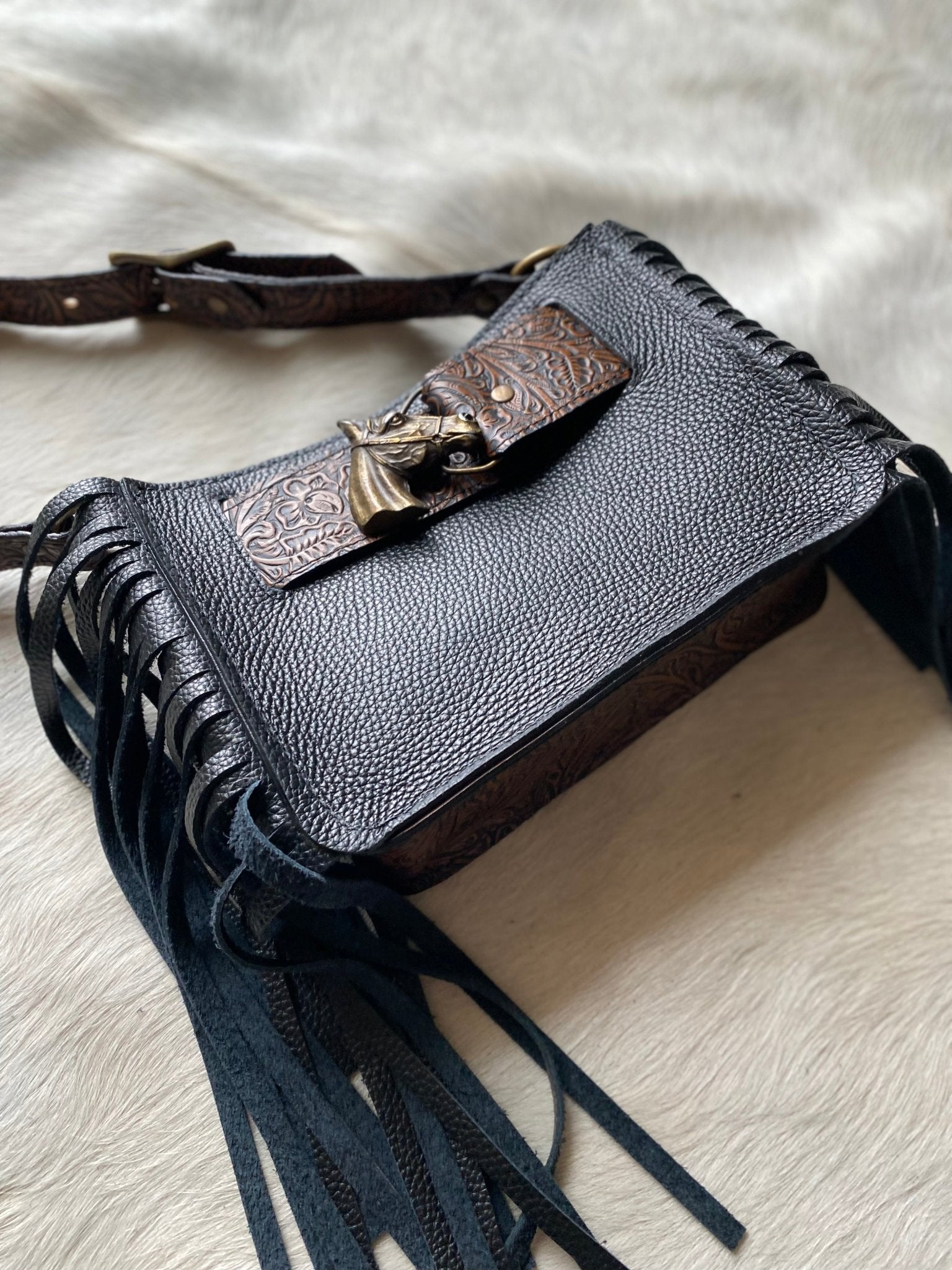 Black Horsehead Belted Mini Tote - LovLeathers