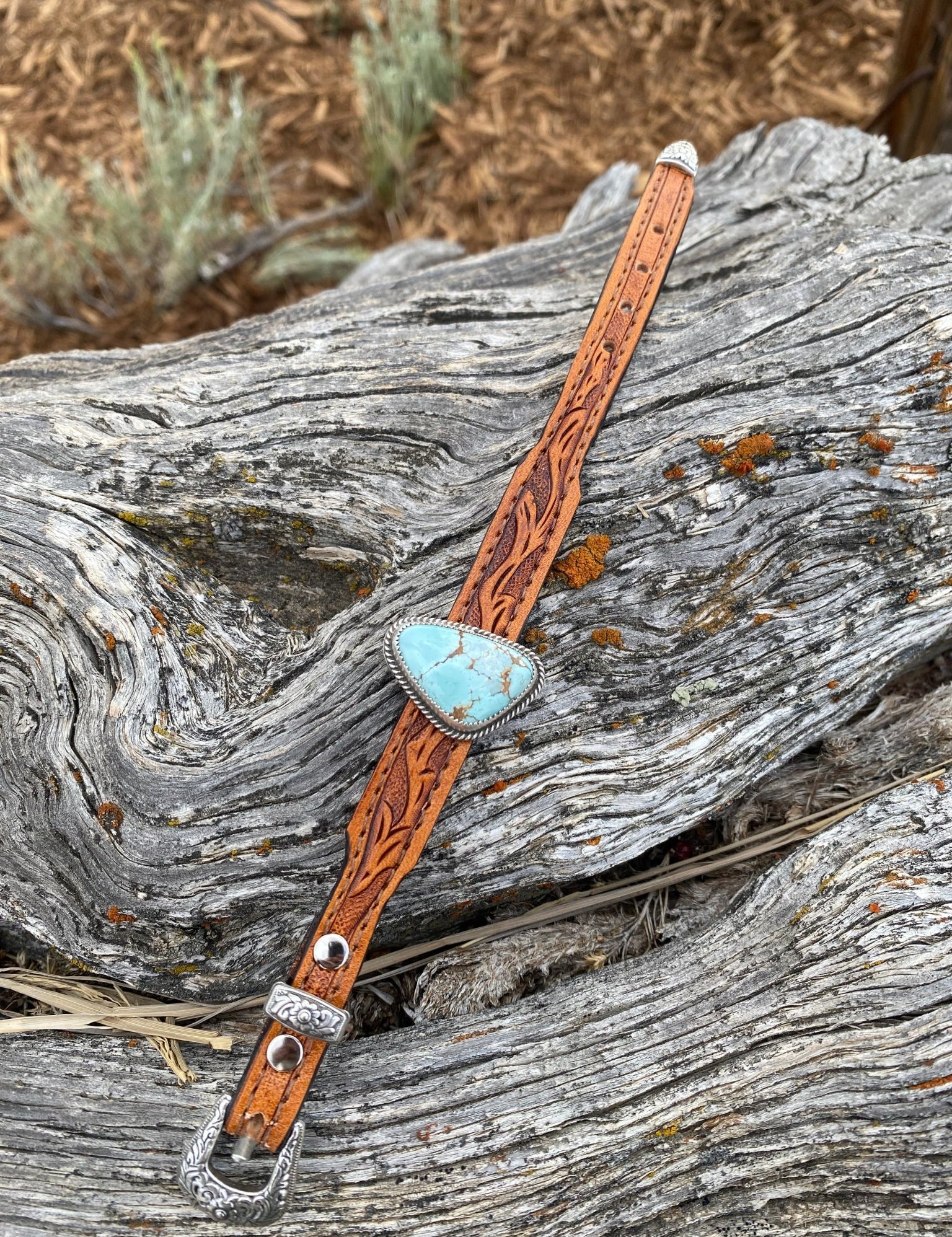 Tooled Leather and Turquoise Bracelet - LovLeathers