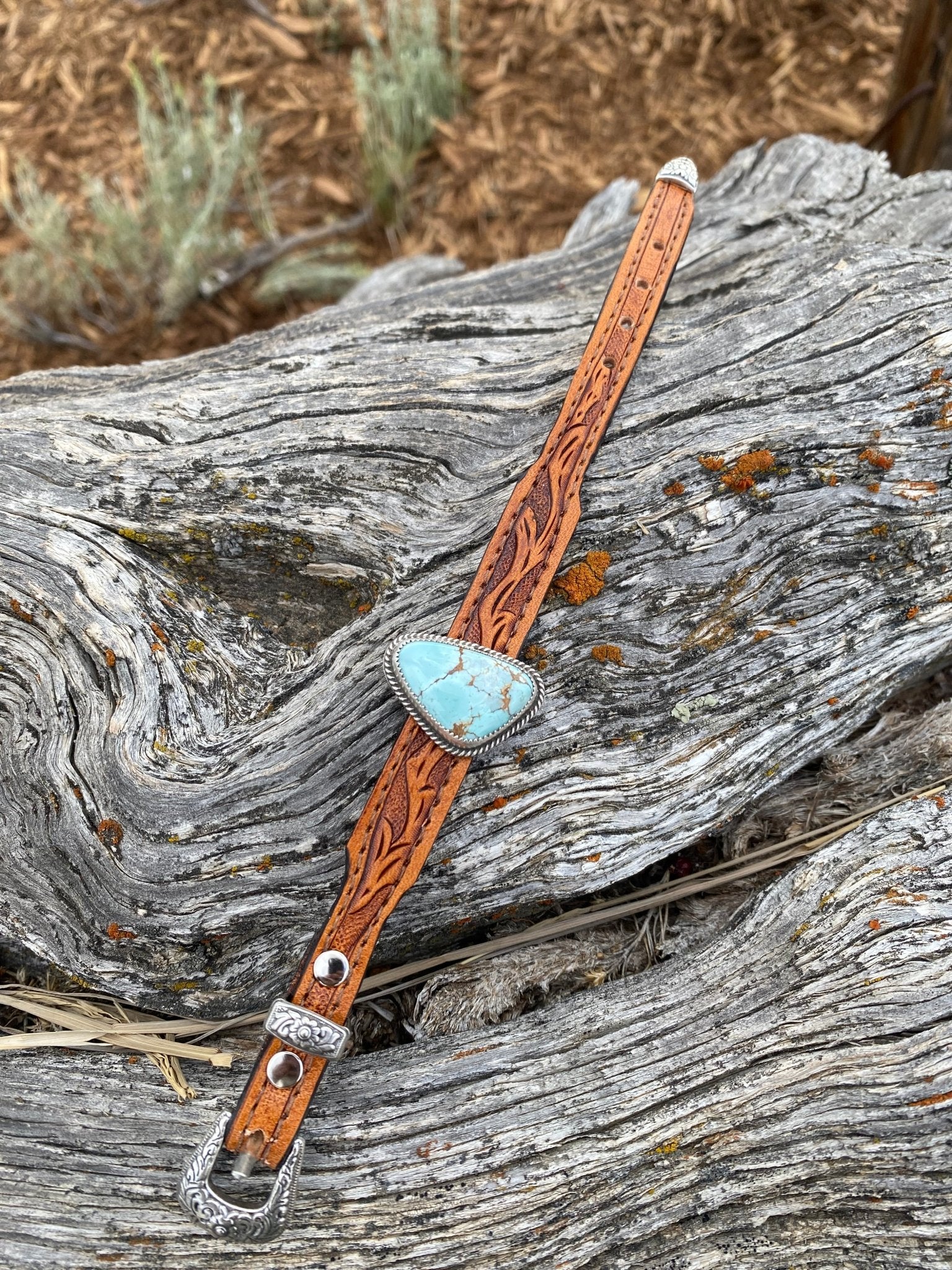 Tooled Leather and Turquoise Bracelet - LovLeathers
